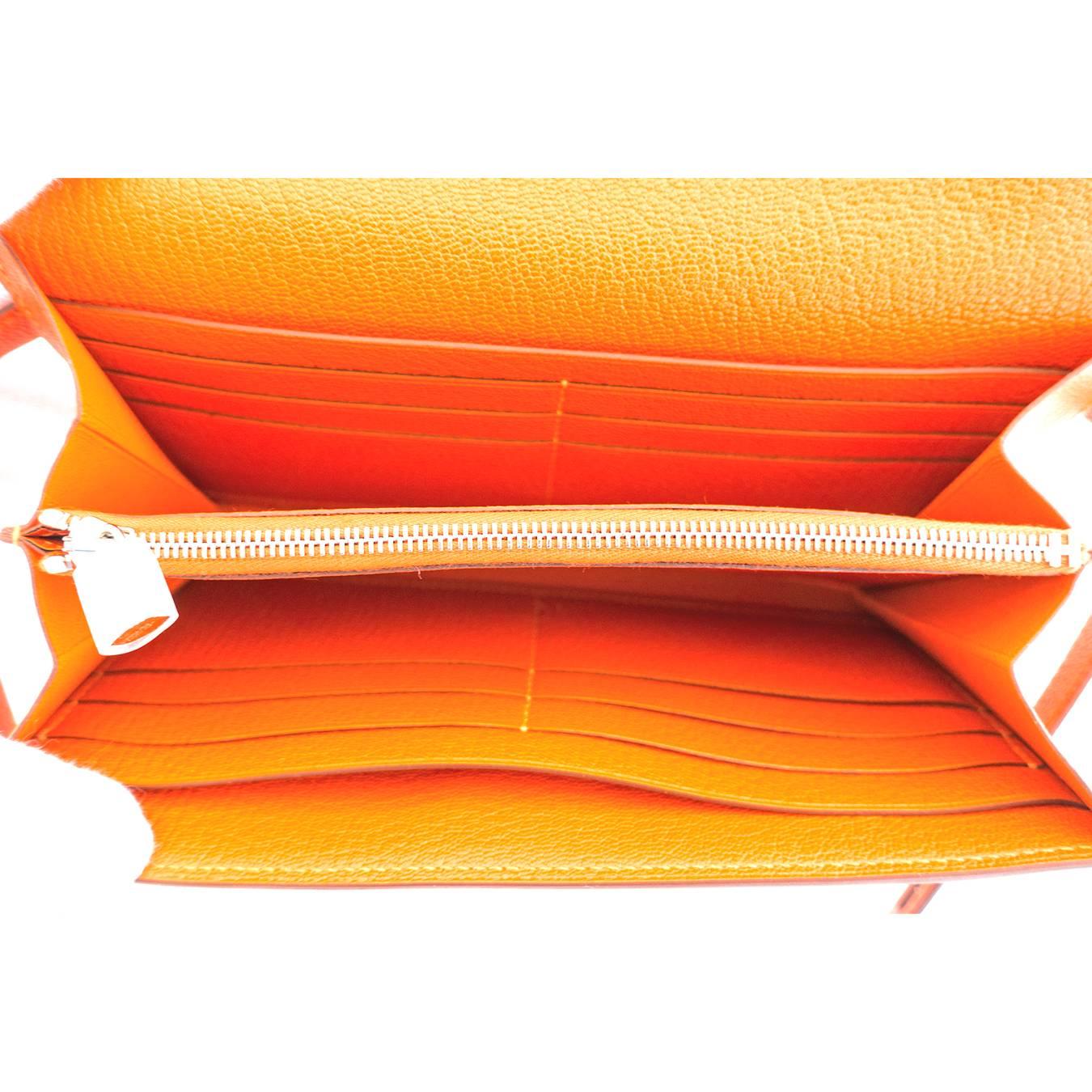 Hermes Feu Orange Kelly Wallet Chevre Palladium PHW Clutch Bag Iconic 2