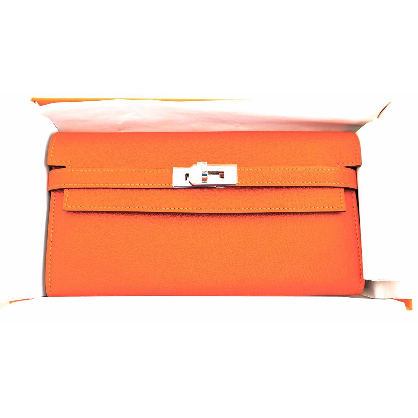 Hermes Feu Orange Kelly Wallet Chevre Palladium PHW Clutch Bag Iconic 4