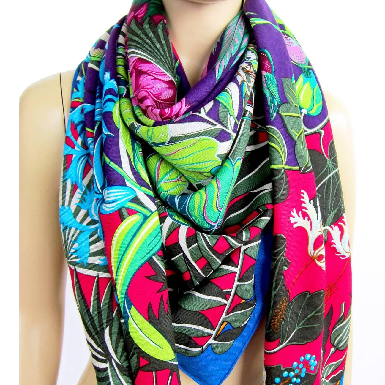 Store fresh.  Pristine condition.
Perfect gift!  Comes full set with Hermes box and ribbon.
Masterful shawl featuring cobalt blue, violet, pinks, greens.
Do not miss this gorgeous colorway of the wildly successful Flamingo Party.
Final sale.