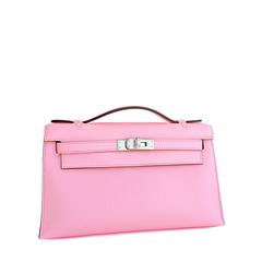 Hermes Rose Sakura Kelly Pochette Cut Clutch Bag Swift Palladium