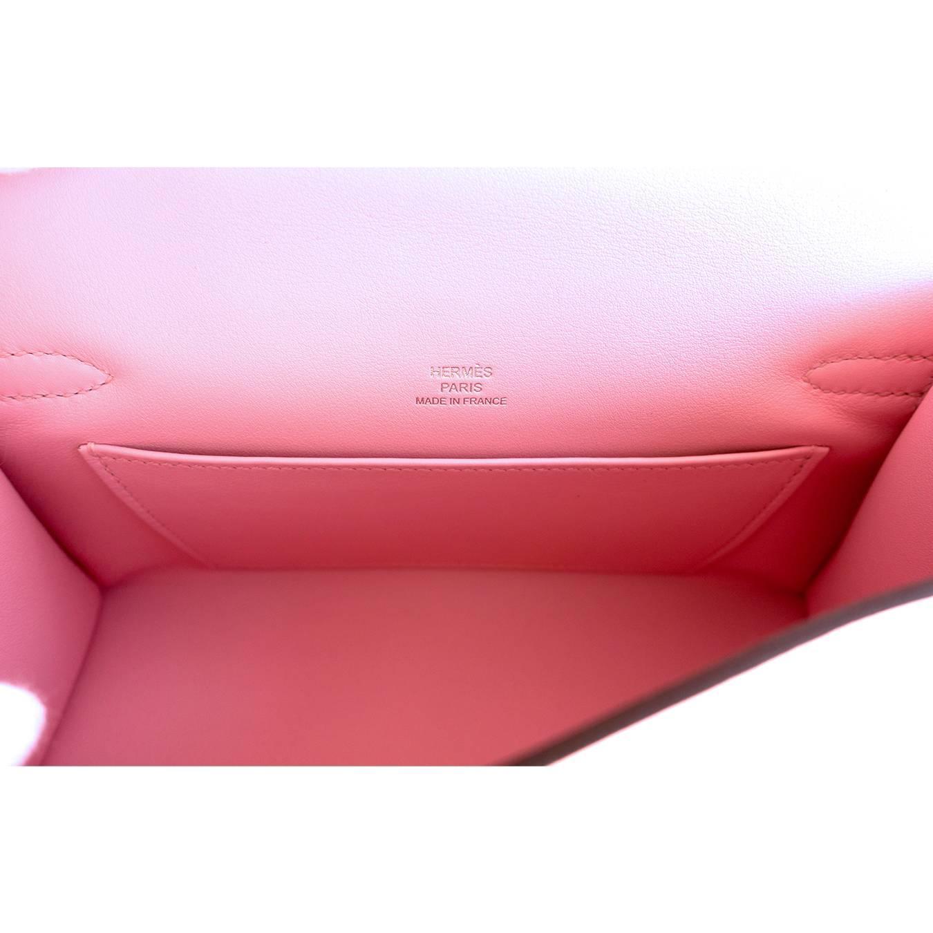 Hermes Rose Sakura Kelly Pochette Cut Clutch Bag Swift Palladium ...  