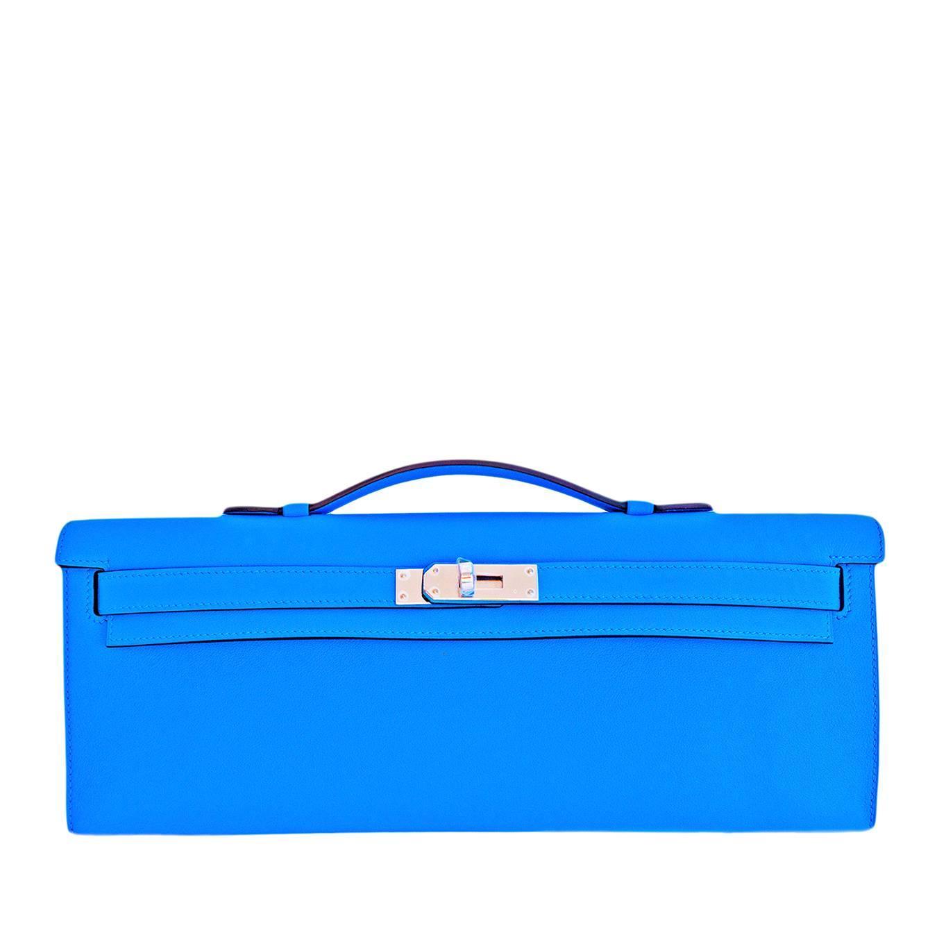 Hermes Blue Paradise Kelly Cut Pochette Clutch Swift Palladium Bag ...