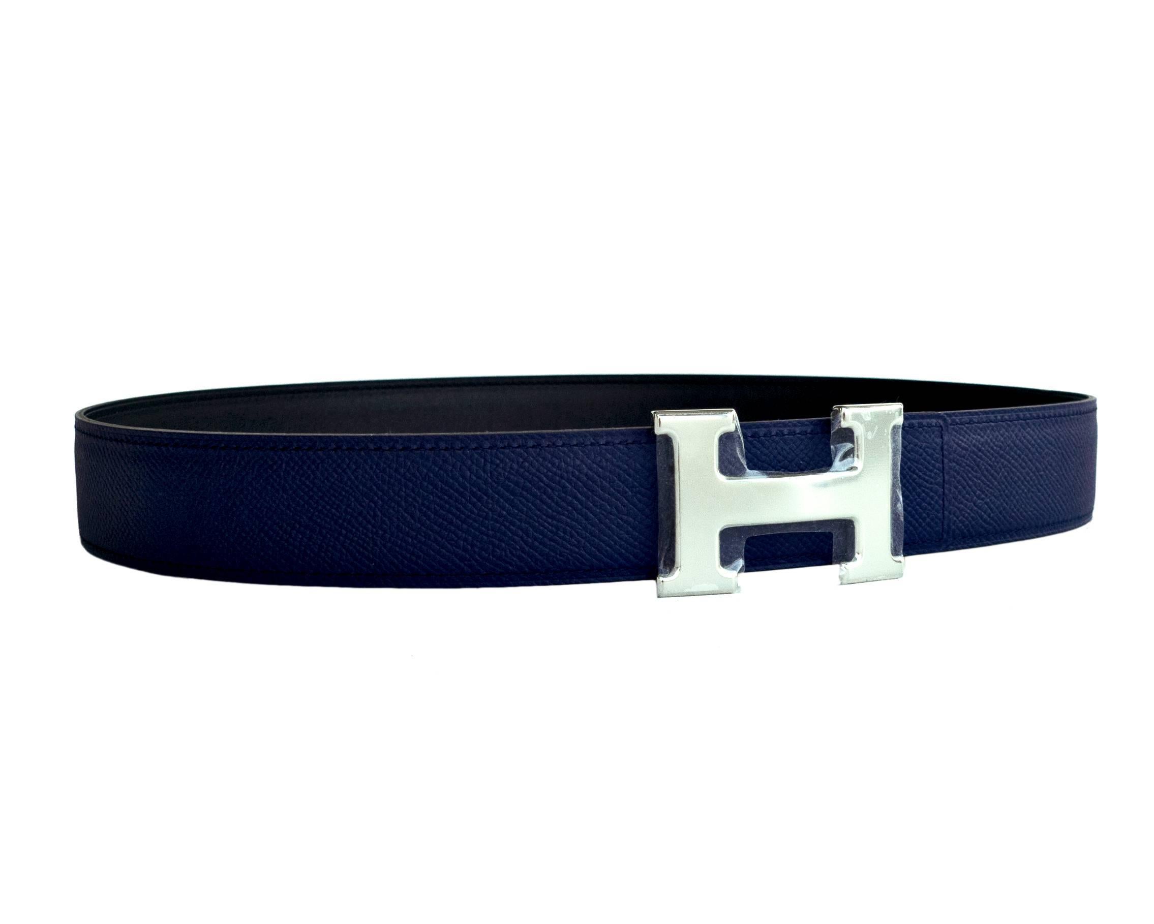 Store fresh. Pristine condition. 
Perfect gift! Comes full set with Hermes belt strap, belt buckle, sleeper for belt buckle, signature Hermes belt box, and ribbon. 
Rare color combination in this Unisex reversible H buckle belt kit. 
On one side
