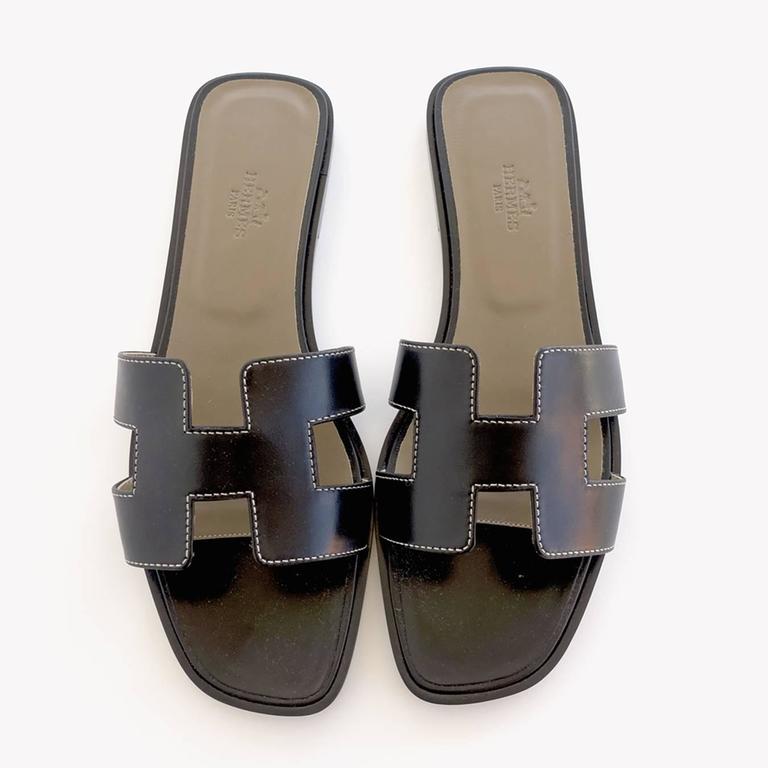 Hermes Oran Black Box Leather Sandals White Stitching Size 40 or 3.9 or ...