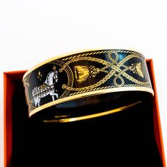 Hermes Black Gold Printed Horse Enamel Bangle Bracelet 65