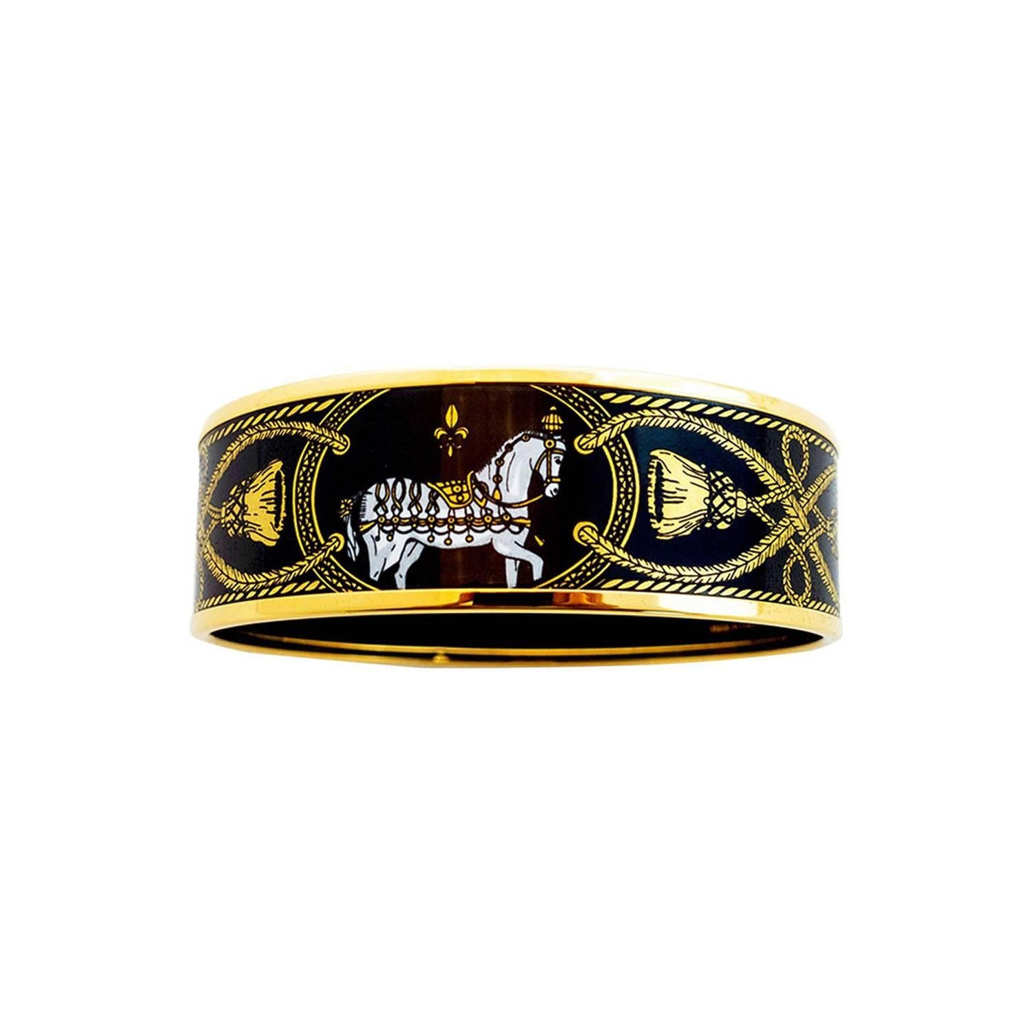 Hermes Black Gold Printed Horse Enamel Bangle Bracelet 65