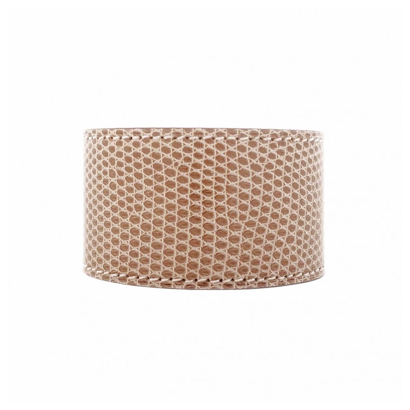 Hermes Ficelle Beige Lizard Kelly Dog Palladium Leather Cuff Bracelet In New Condition In New York, NY