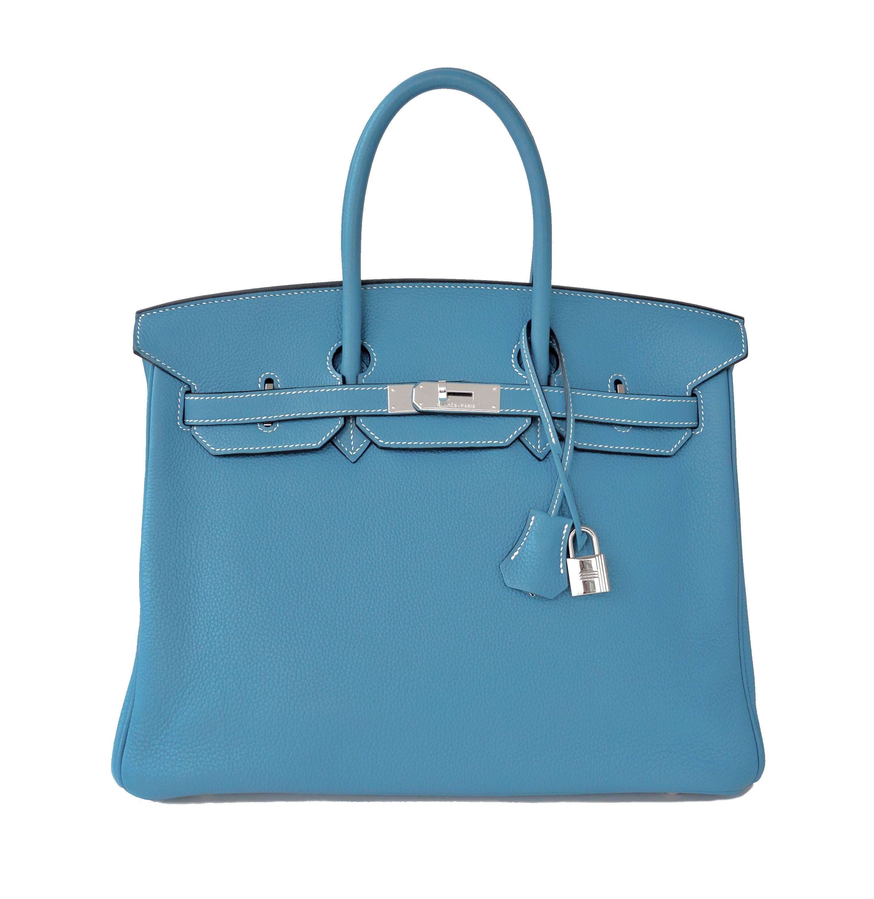FLASH SALE!  Hermes Blue Jean 35cm Birkin Leather Palladium Bag Summer!
Discontinued Collector's Favorite Blue Jean Birkin is a must-have.
An iconic Hermes color that is both a neutral and color.
Blue Jean is chic and sporty, fabulous with