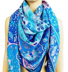 Hermes Aux Portes du Palais Cashmere Silk Shawl Turquoise Pink Gorgeous