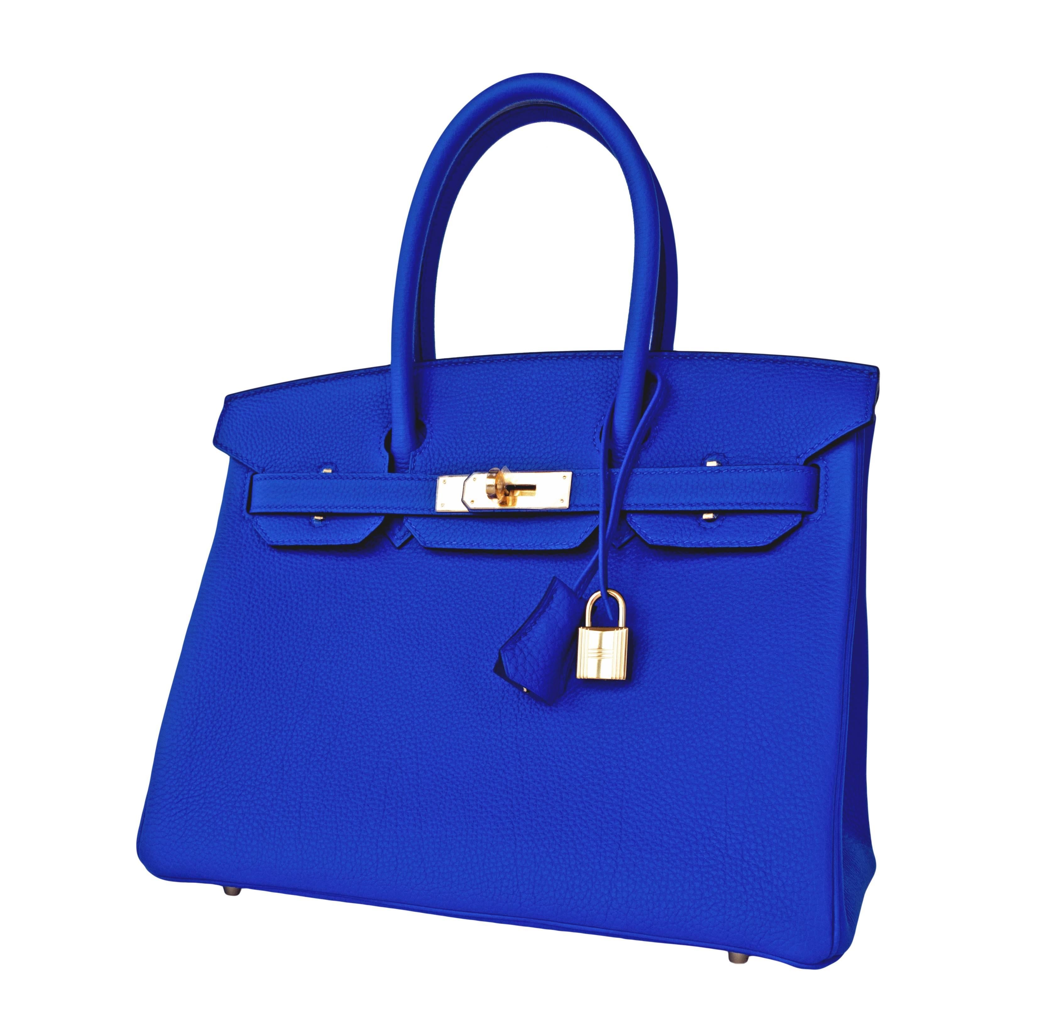 Women's Hermes Blue Electric 30cm Togo Birkin Gold GHW Satchel Bag Spectacular