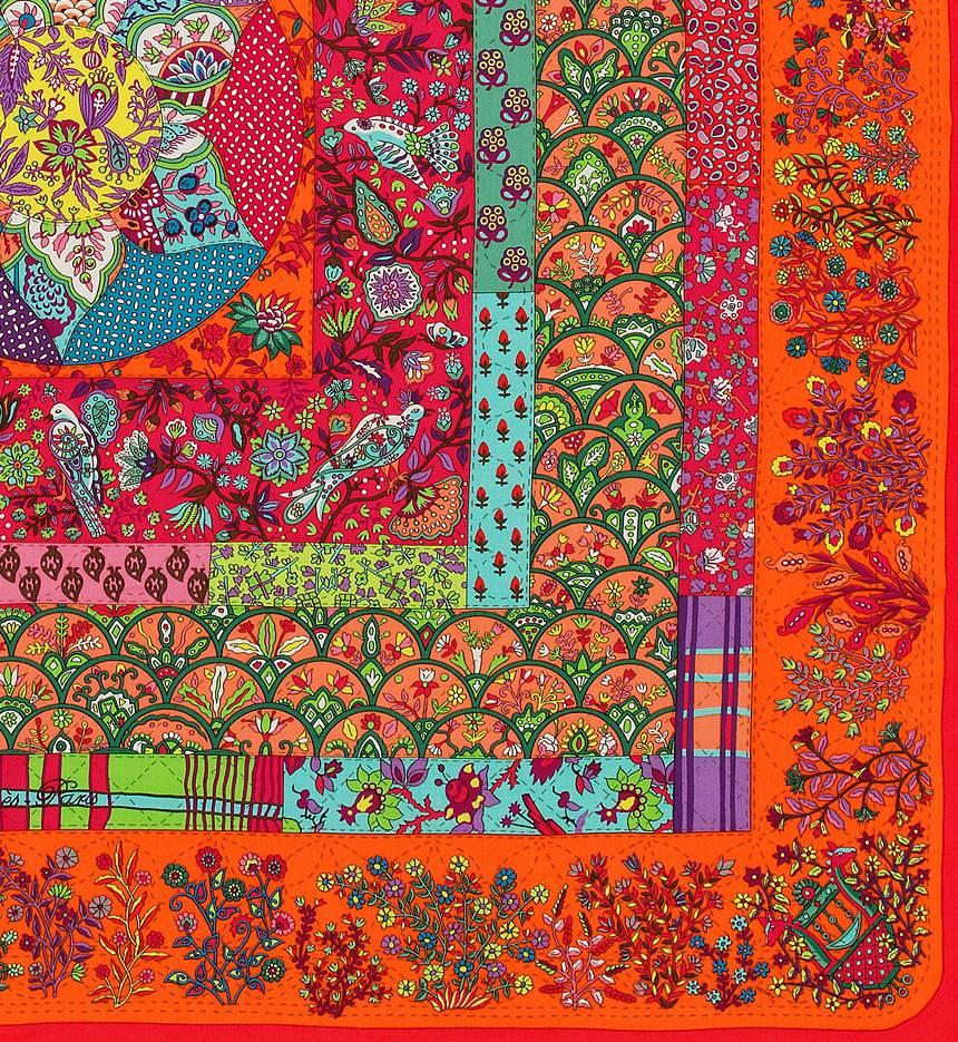 Hermes Pique Fleuri de Provence Cashmere Silk Shawl Rouge Orange Turquoise Scarf 3