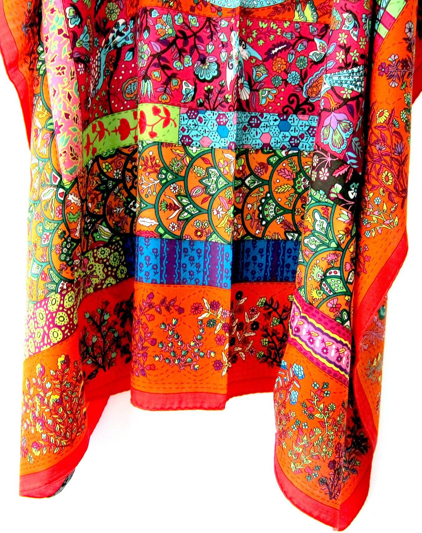 Hermes Pique Fleuri de Provence Cashmere Silk Shawl Rouge Orange Turquoise Scarf In New Condition In New York, NY