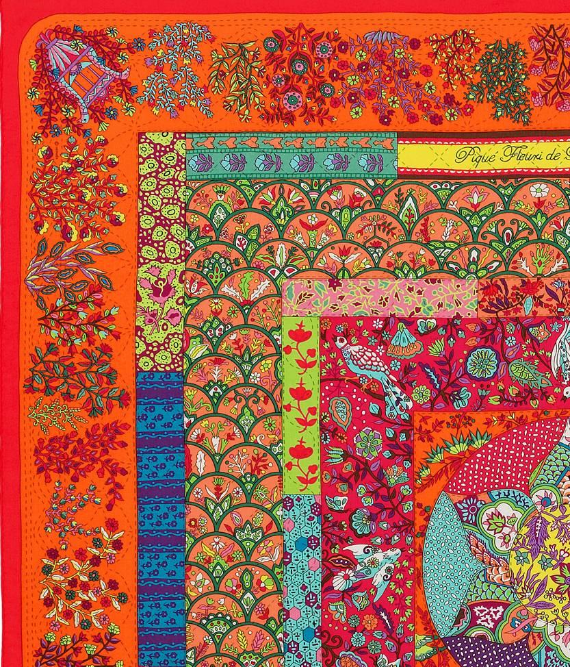 Hermes Pique Fleuri de Provence Cashmere Silk Shawl Rouge Orange Turquoise Scarf 1