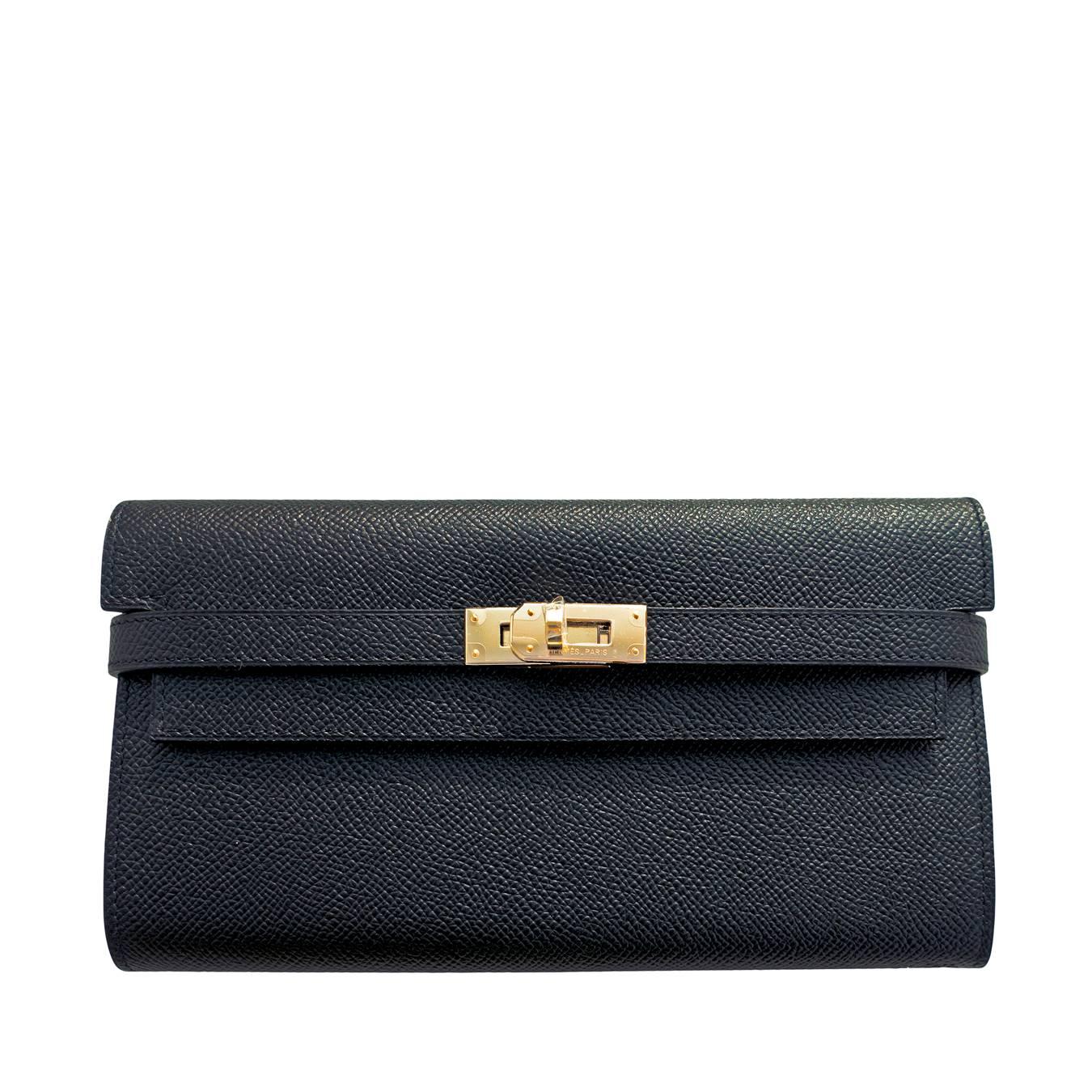 Women's or Men's Hermes Black Epsom Permabrass Kelly Long Wallet Clutch Super Rare
