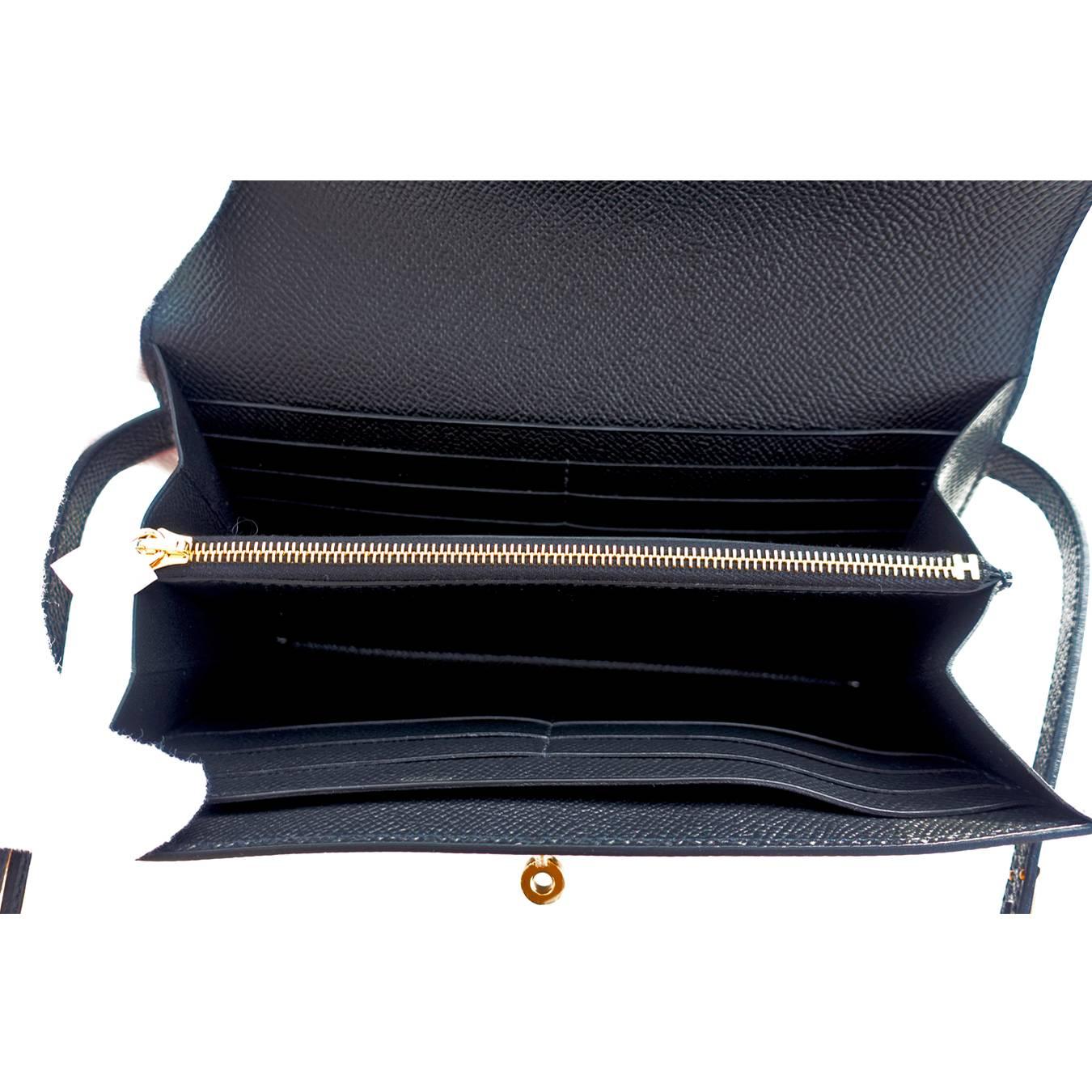 Hermes Black Epsom Permabrass Kelly Long Wallet Clutch Super Rare In New Condition In New York, NY