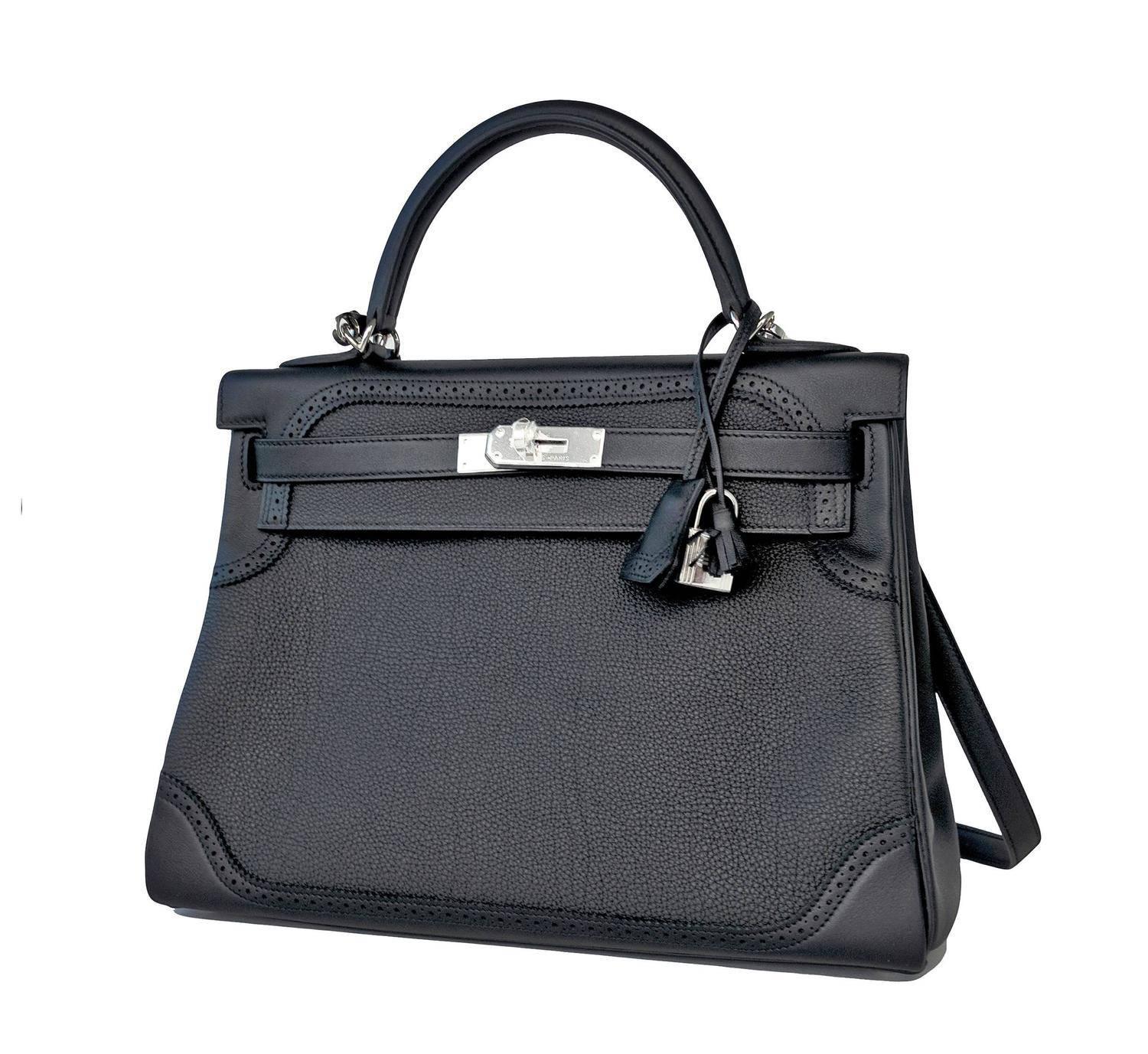 Hermes Black Ghillies Limited Edition 32cm Kelly Togo Swift Shoulder Bag Rare
Brand New in Box.  Store Fresh.  Pristine Condition.
Perfect gift!  Comes full set with keys, lock, clochette, a sleeper for the bag, rain protector, felt protective