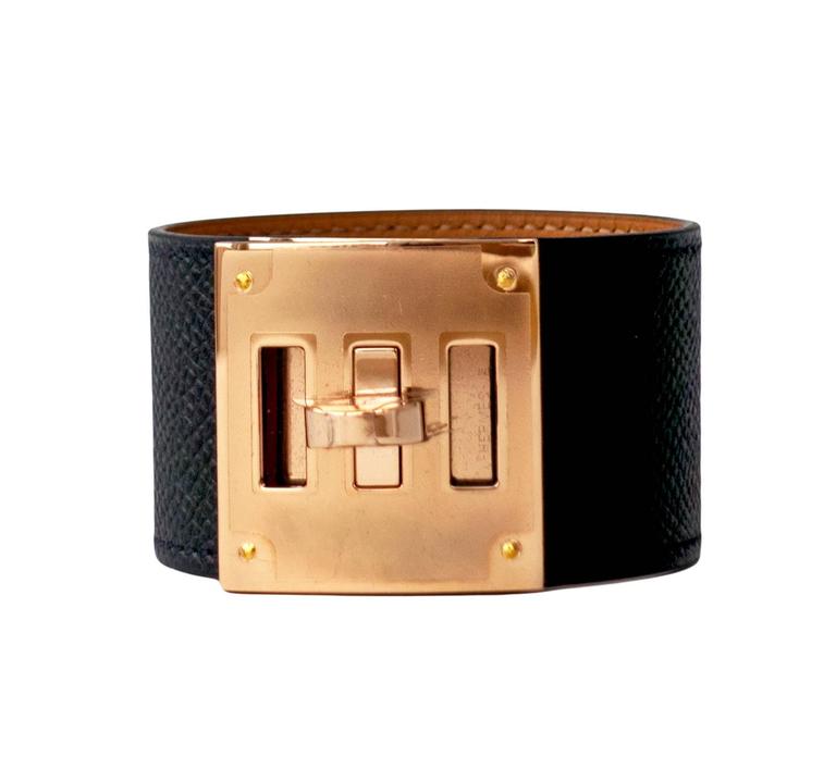 Hermes Black Kelly Dog Epsom Rose Gold Hardware Leather Cuff Bracelet at  1stDibs | hermes leather cuff bracelet, hermes black cuff, hermes kelly dog  bracelet
