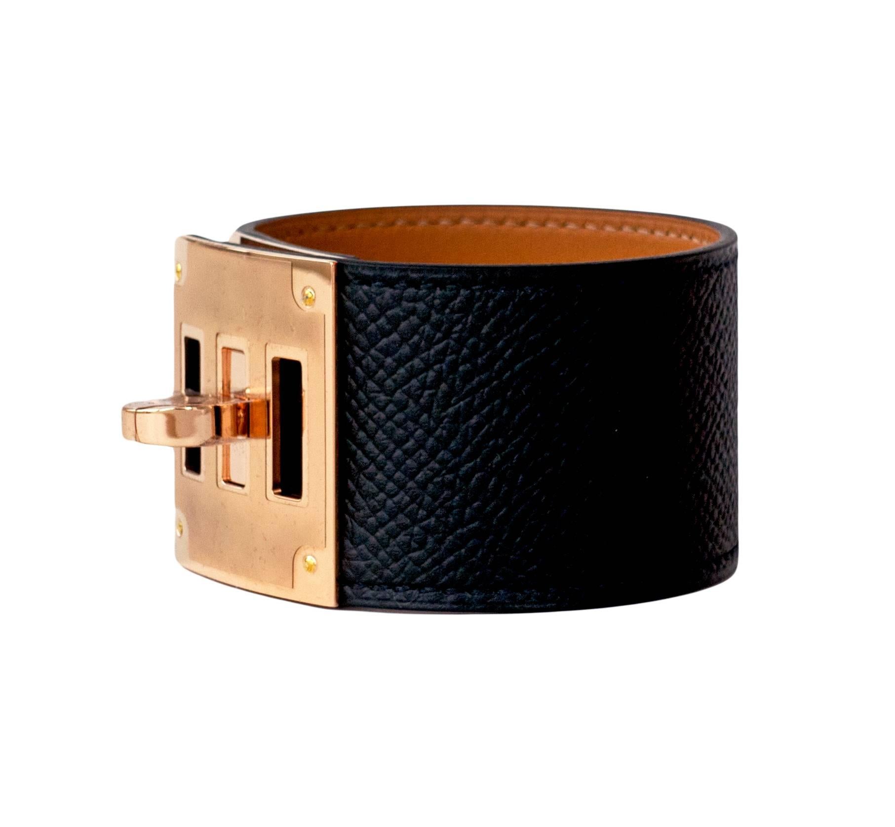 Hermes Black Kelly Dog Epsom Rose Gold Hardware Leather Cuff Bracelet 
Store fresh. Pristine condition.
Perfect gift! Comes full set with Hermes velvet pouch, box and ribbon.
Leather bracelet with Rose Gold is the latest release from