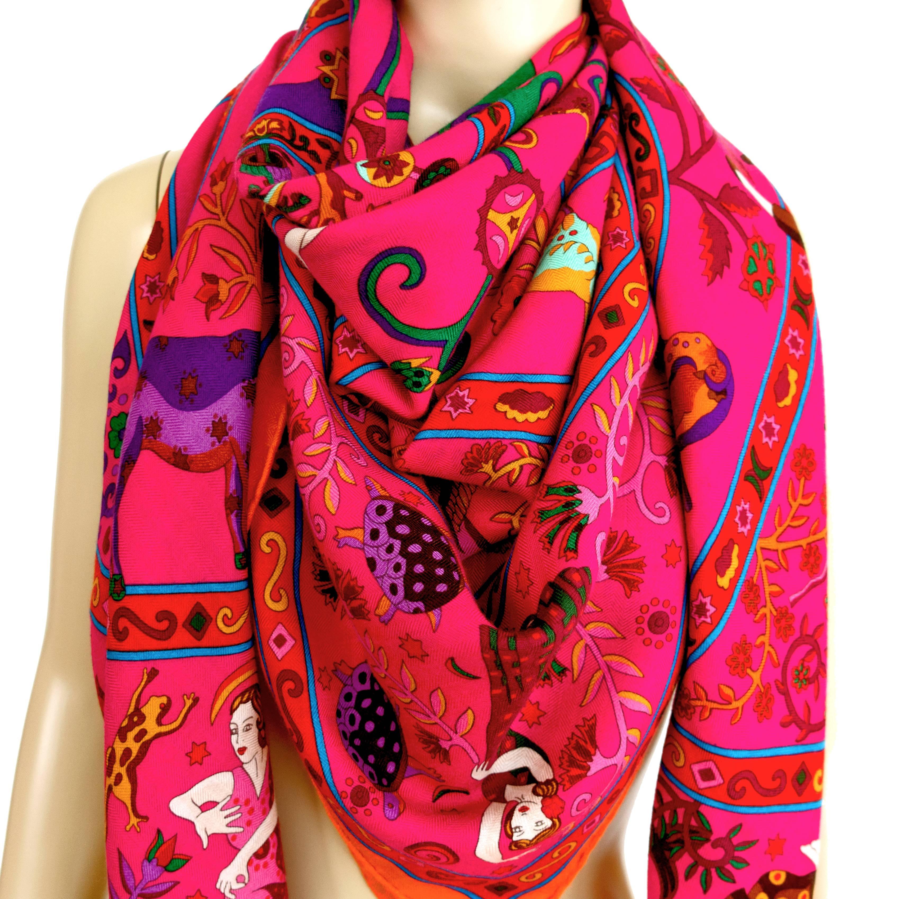 Hermes Peuple Du Vent Rose Orange Pink Cashmere Silk Shawl Scarf GM Gorgeous 2