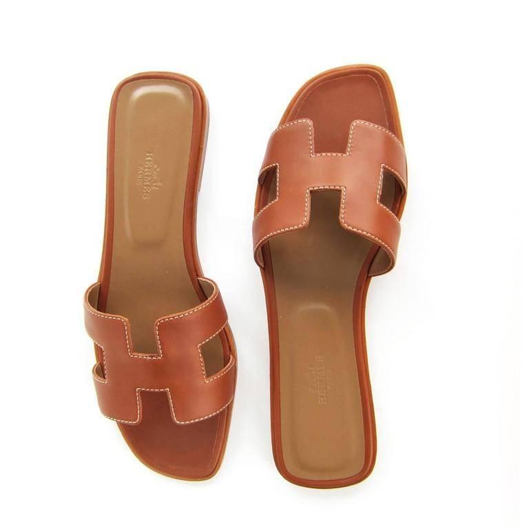  Hermes  Gold Tan Oran Sandals  38 5 or 8 Orans Shoes  Iconic 