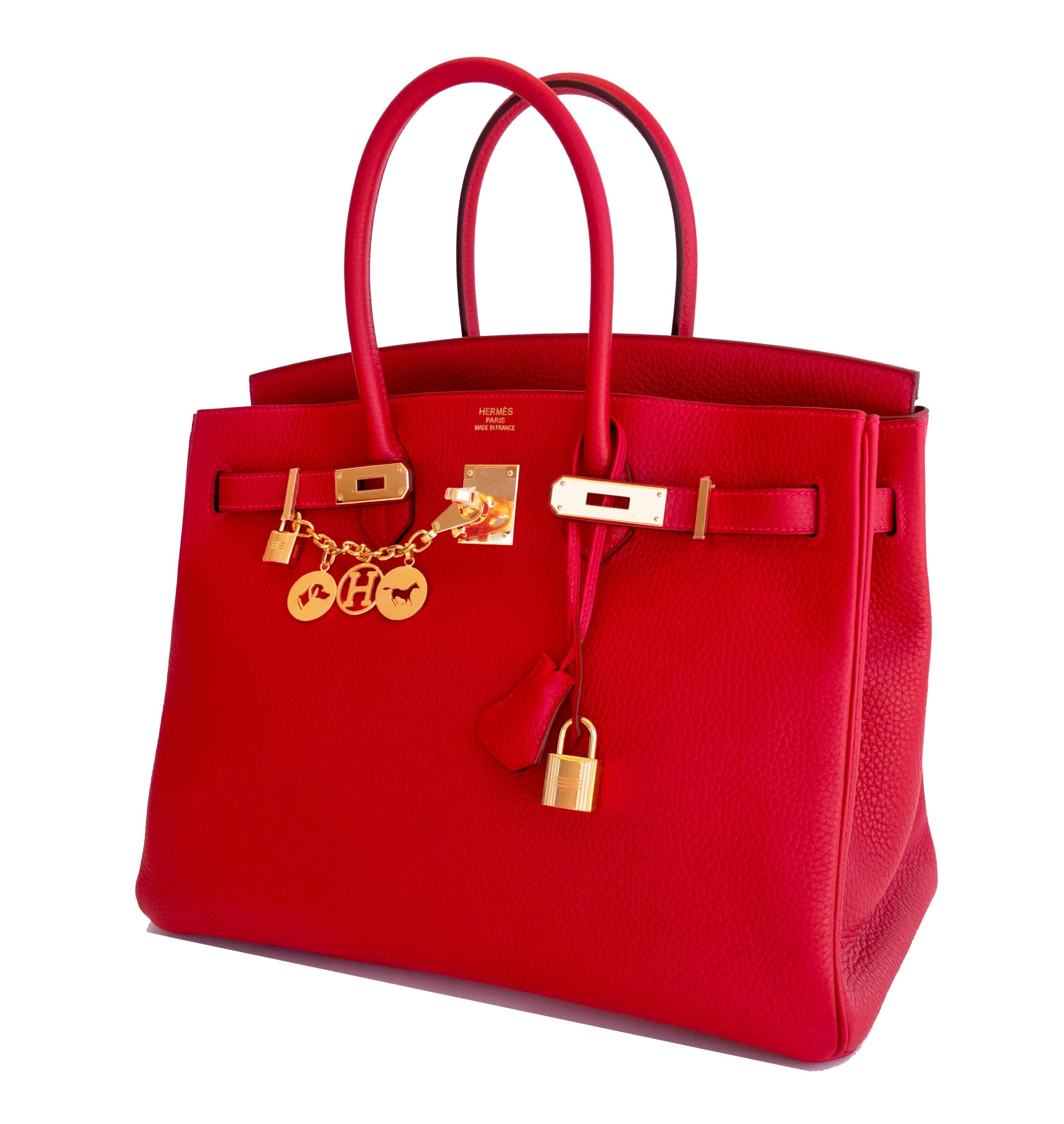 Hermes Rouge Casaque Lipstick Red 35cm Birkin Gold Hardware 
Perfect gift!  Brand New in Box (with plastic on hardware). 
Coming in full set with keys, lock, clochette, a sleeper for the bag, rain protector, orange Hermes box and Hermes