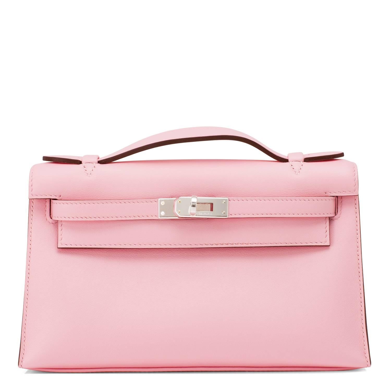 Women's Hermes Rose Sakura Kelly Pochette Cut Clutch Bag Swift Palladium Hardware