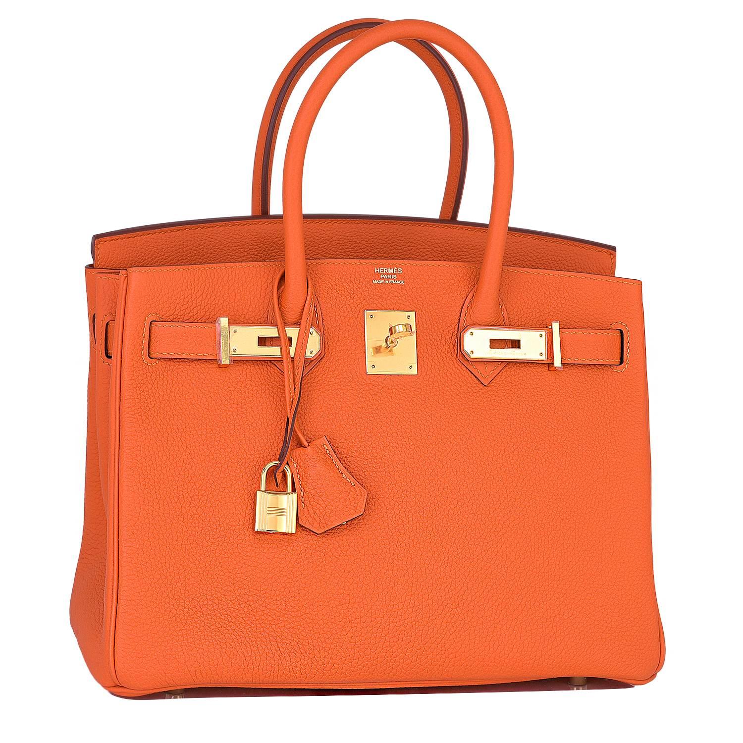 Hermes Feu Orange 30cm Togo Birkin Gold GHW Satchel Tote Bag Gorgeous
Brand New in Box.  Store fresh. Pristine condition (with plastic on hardware).
Perfect gift! Comes with keys, lock, clochette, a sleeper for the bag, rain protector, and Hermes