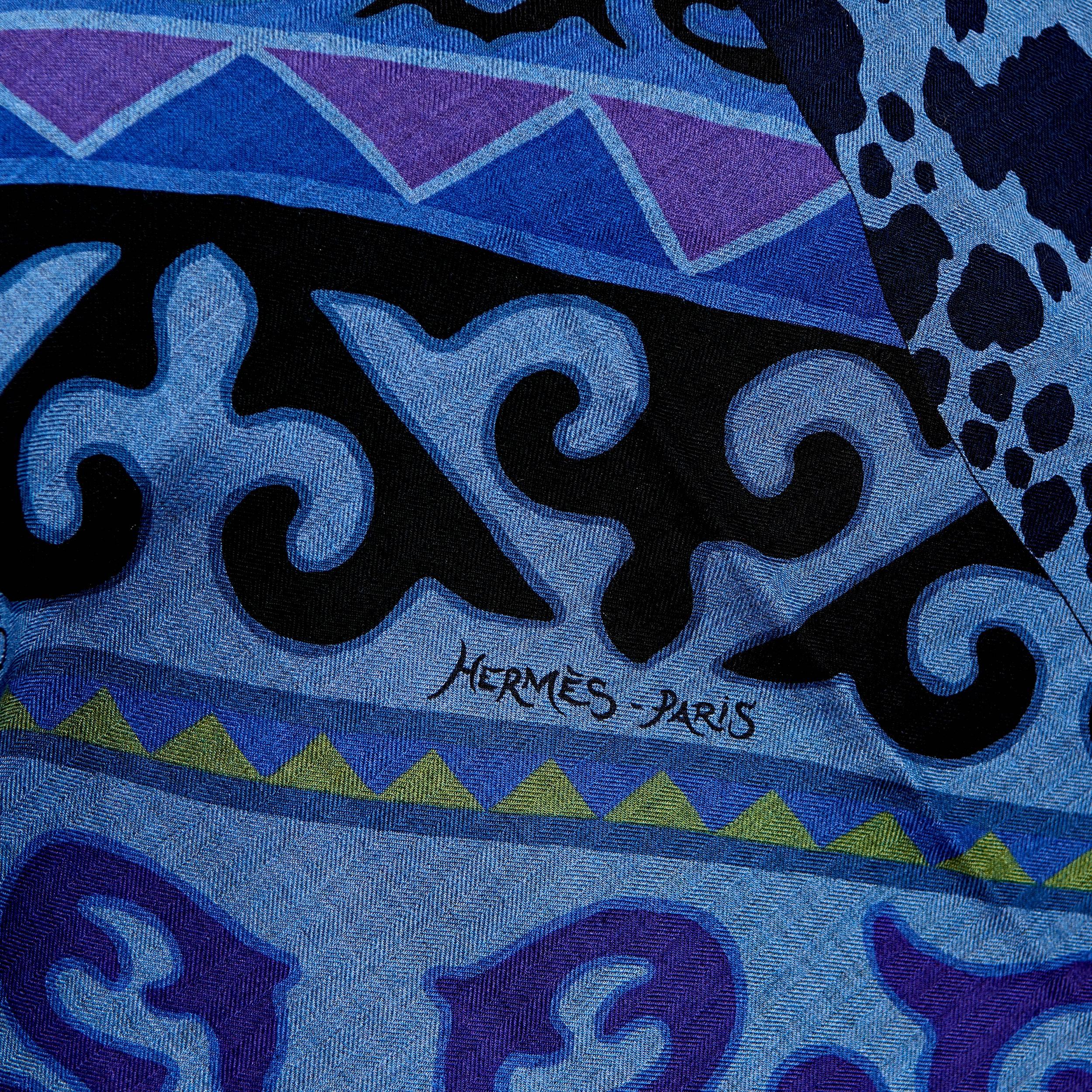 Hermes Asian Horse Cashmere Silk Shawl Scarf China Blue Navy Spring! In New Condition In New York, NY