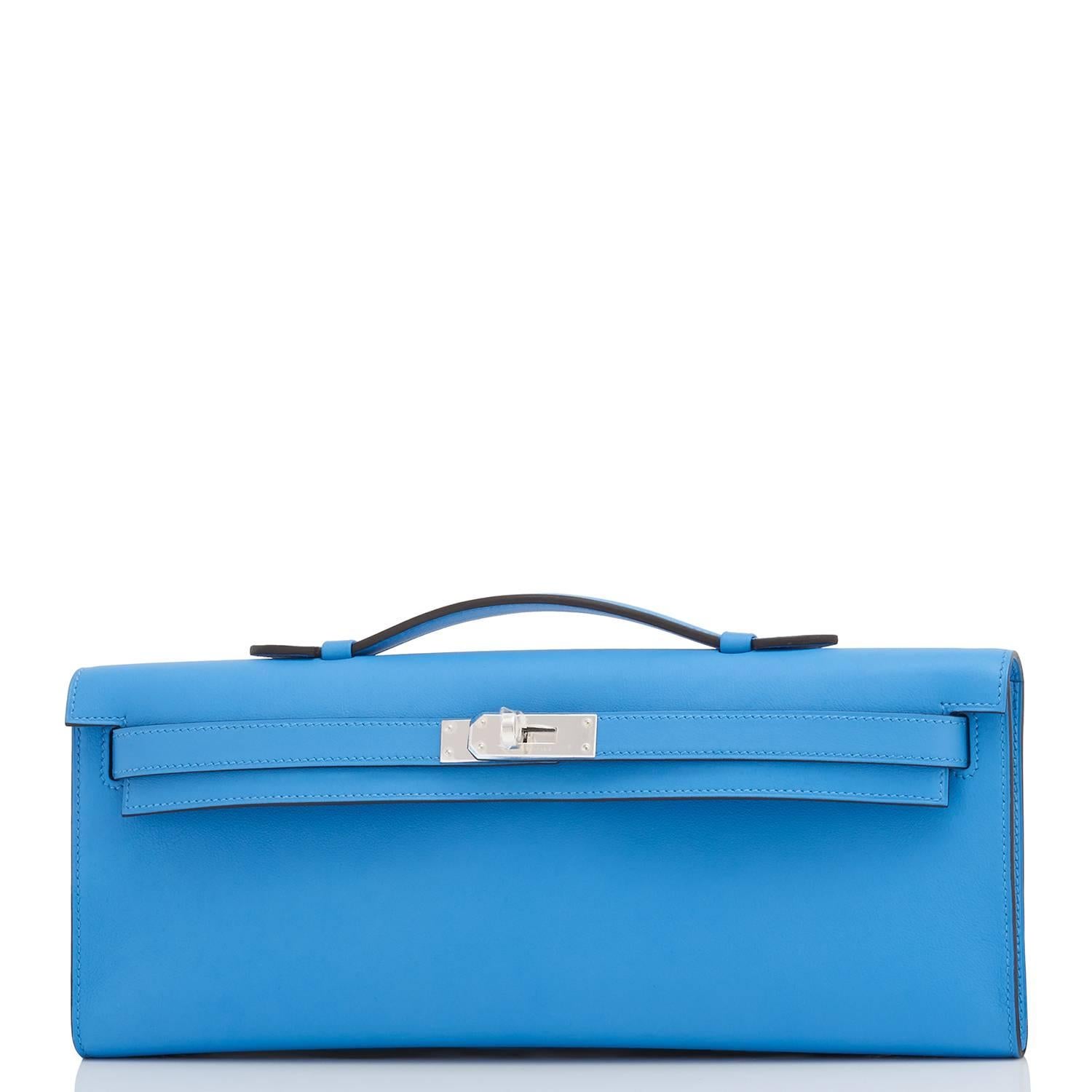 Hermes Blue Paradise Kelly Cut Pochette Clutch Swift Palladium Hardware
Brand New in Box.  Store fresh. Pristine condition.
Perfect gift! Comes with Hermes protective felt, sleeper, box and ribbon.
Blue Paradise is one of the most gorgeous blues
