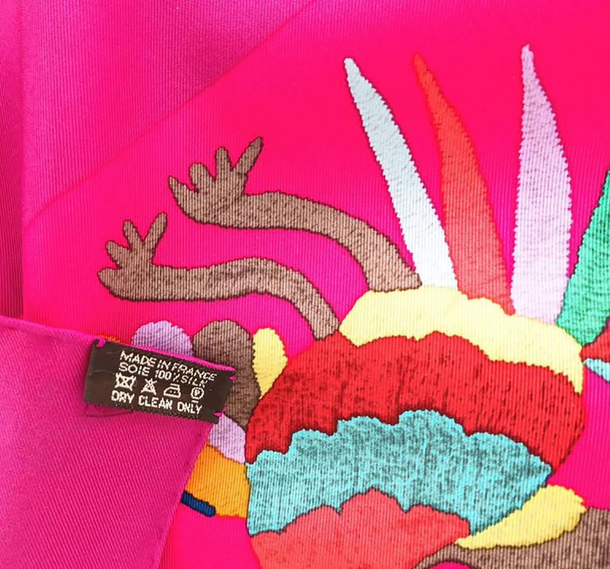 HERMES Din Tini Ya Zue Fuchsia Pink Silk Scarf Carre 90cm In Excellent Condition In New York, NY