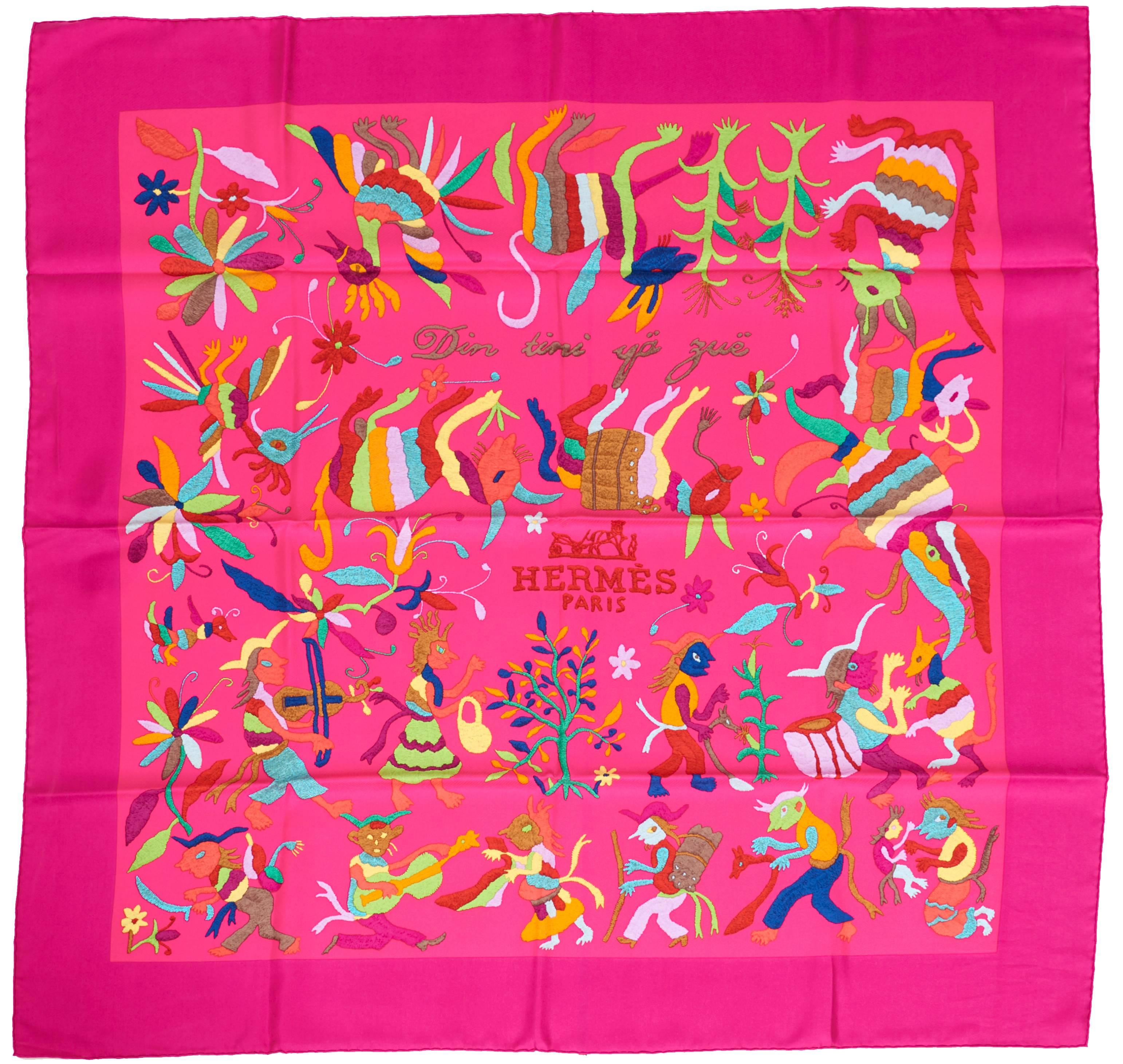 Women's HERMES Din Tini Ya Zue Fuchsia Pink Silk Scarf Carre 90cm