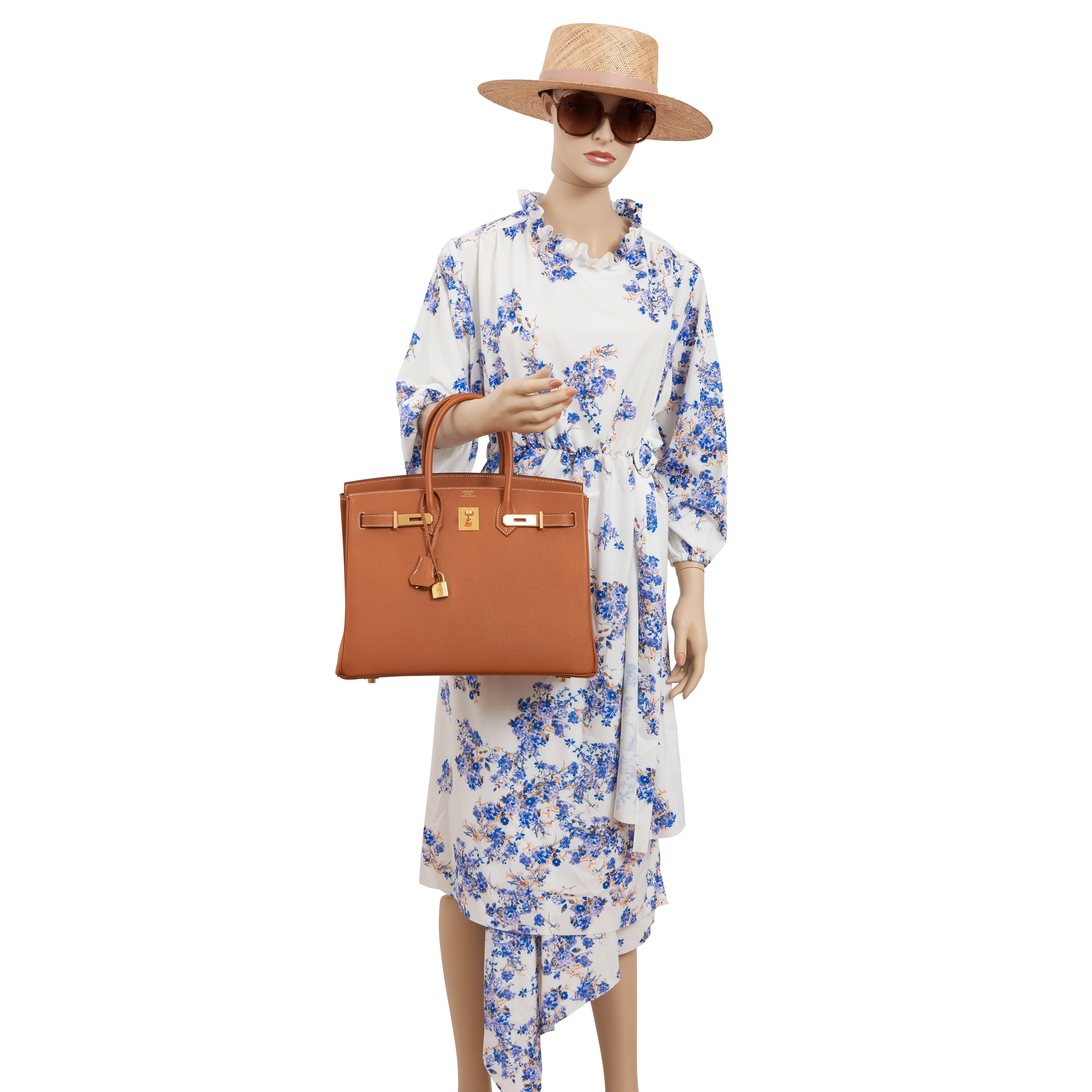 Hermes Gold Camel Tan 35cm Birkin Gold Hardware Rare Leather
Brand New in Box. Store Fresh. Pristine Condition (with plastic on hardware). 
Perfect gift! Comes with lock, keys, clochette, sleeper, raincoat, and Hermes box and ribbon.
Gold is a