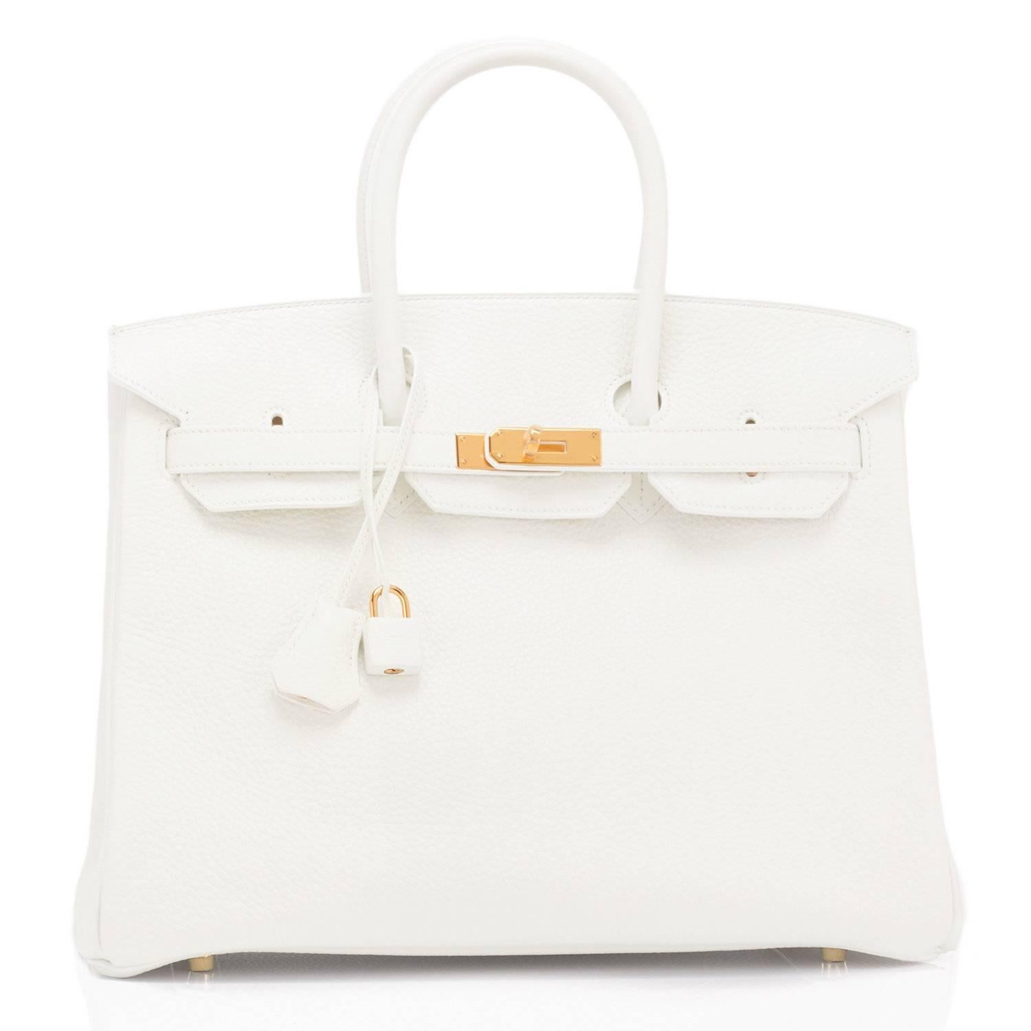 Hermes White 35cm Clemence Birkin Gold Hardware Rare X Stamp
Rare X Stamp Production. Brand New in Box. Store fresh. Pristine condition (with plastic on hardware). 
Perfect gift! Comes full set with keys, lock, clochette, a sleeper for the bag, rain