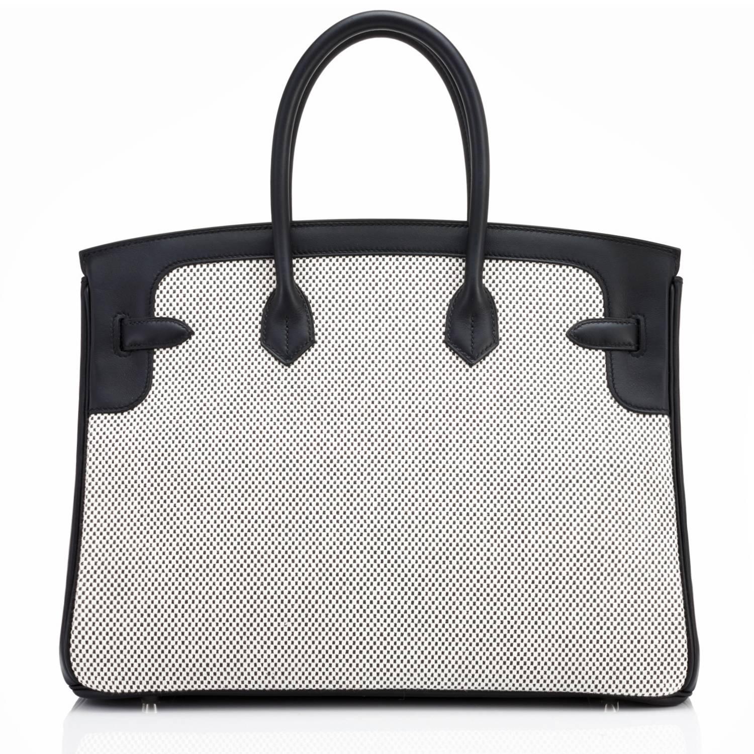 Women's or Men's Hermes Black Swift Leather Criss Cross Ecru Graphite Toile 35cm Birkin