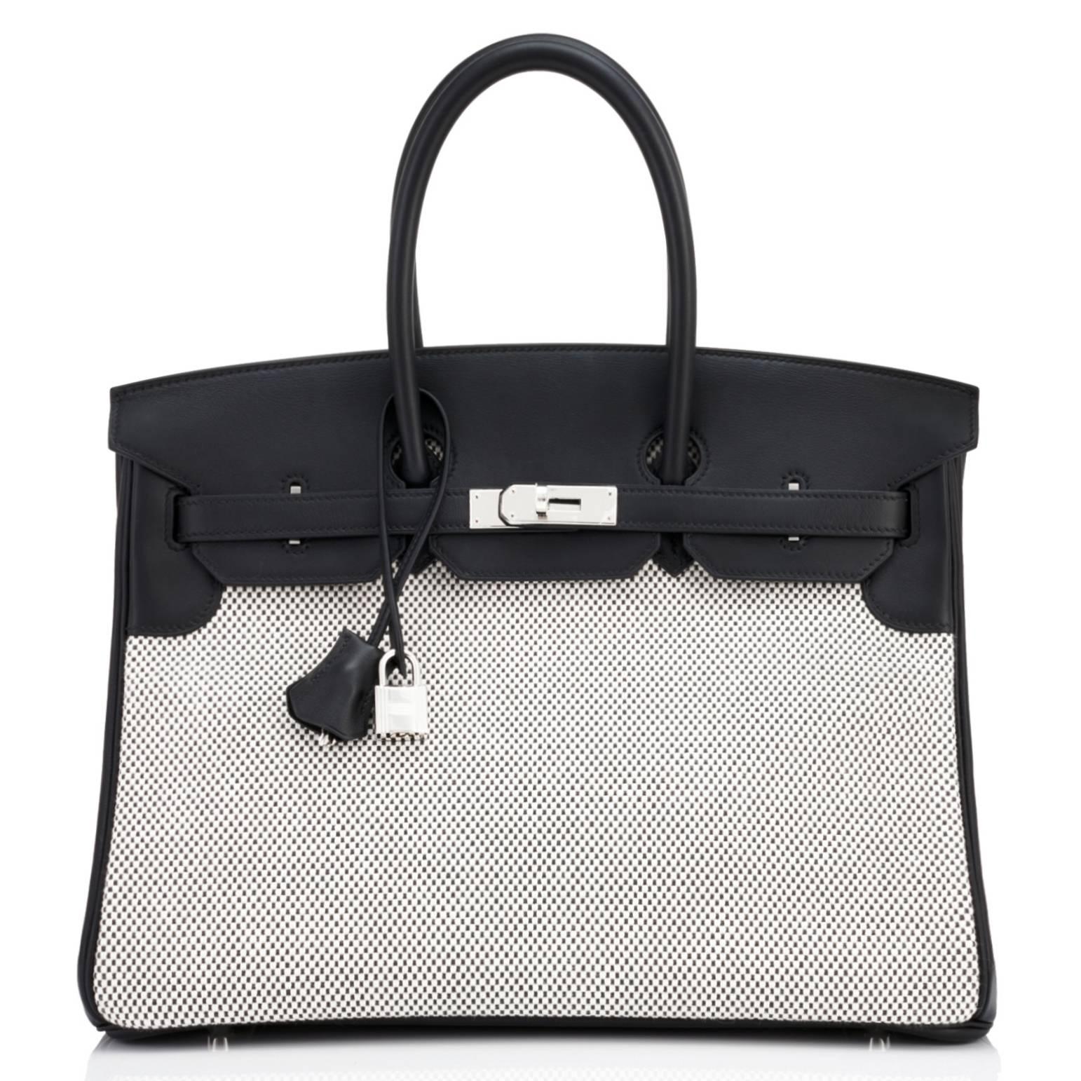 Hermes Black Swift Leather Criss Cross Ecru Graphite Toile 35cm Birkin In New Condition In New York, NY