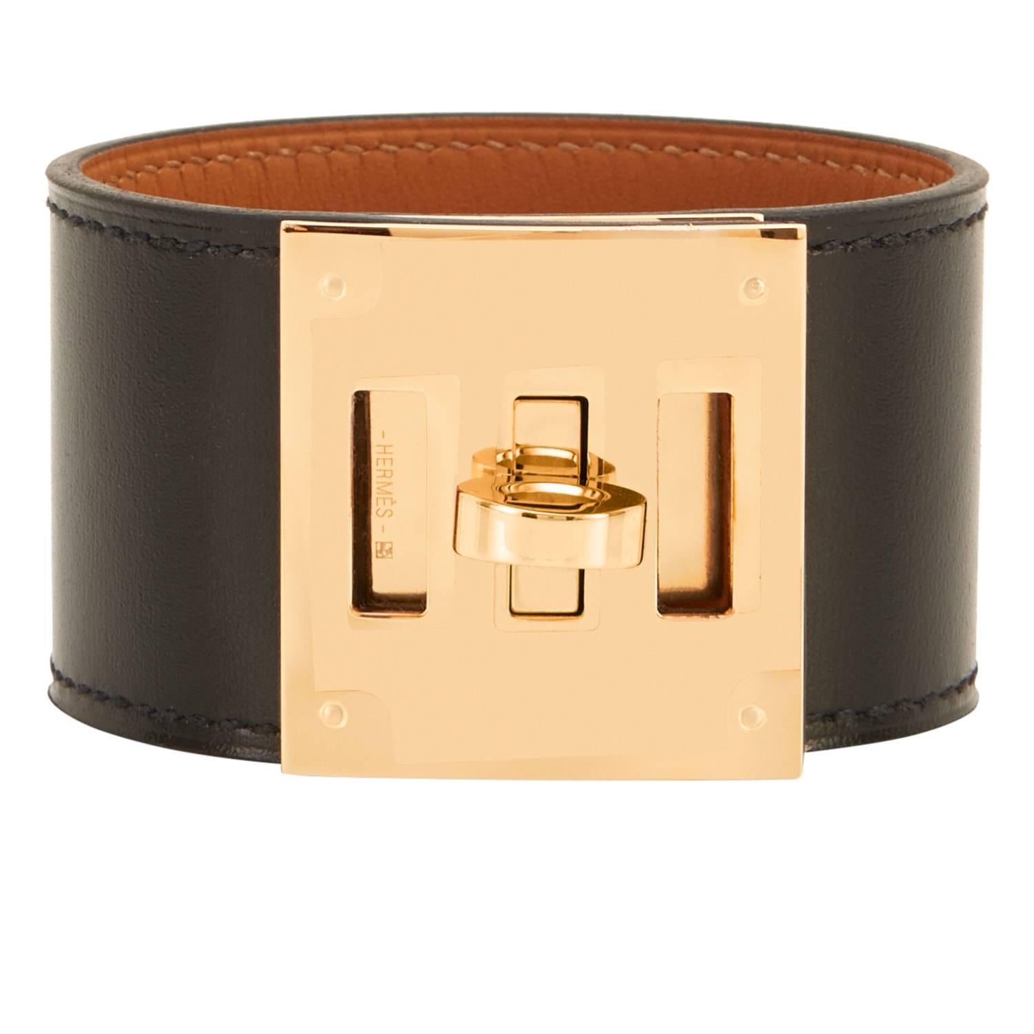 Hermes Black Box Leather Kelly Dog Cuff Bracelet with Gold Hardware Chic 1