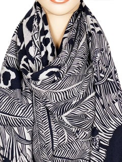 Hermes Black and Grey Cat and Bird Headdress Cashmere Shawl Scarf GM