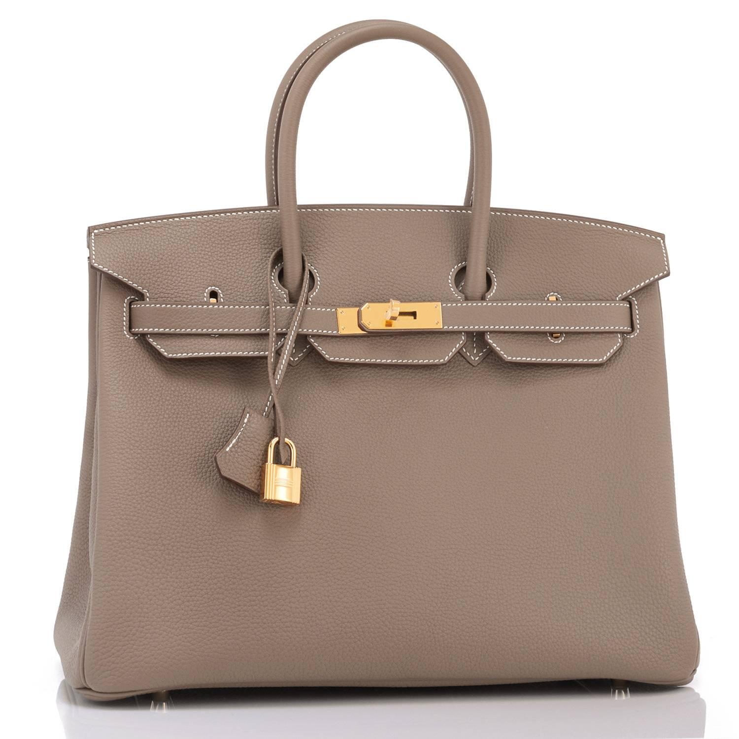 Hermes Etoupe Togo 35cm Birkin Gold Hardware 
Brand New in Box. Store fresh. Pristine Condition (with plastic on hardware). 
Perfect gift! Comes in full set with lock, keys, clochette, sleeper, raincoat, and orange Hermes box.
This is the elegant