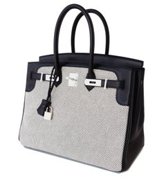 Hermes Black Swift Leather Criss Cross Ecru Graphite Toile 35cm Birkin