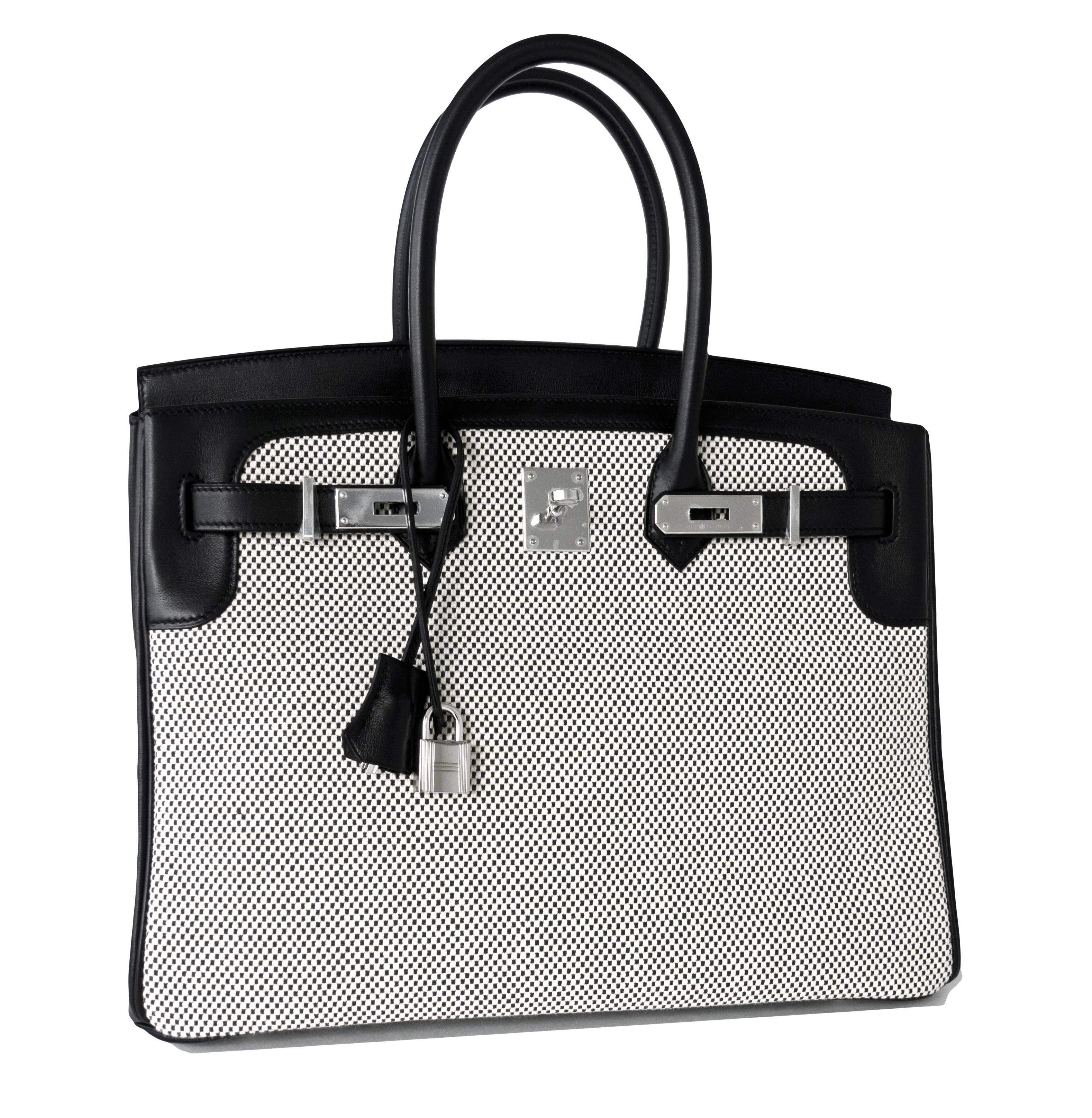 Hermes Black Swift Leather Criss Cross Ecru Graphite Toile 35cm Birkin  In New Condition In New York, NY