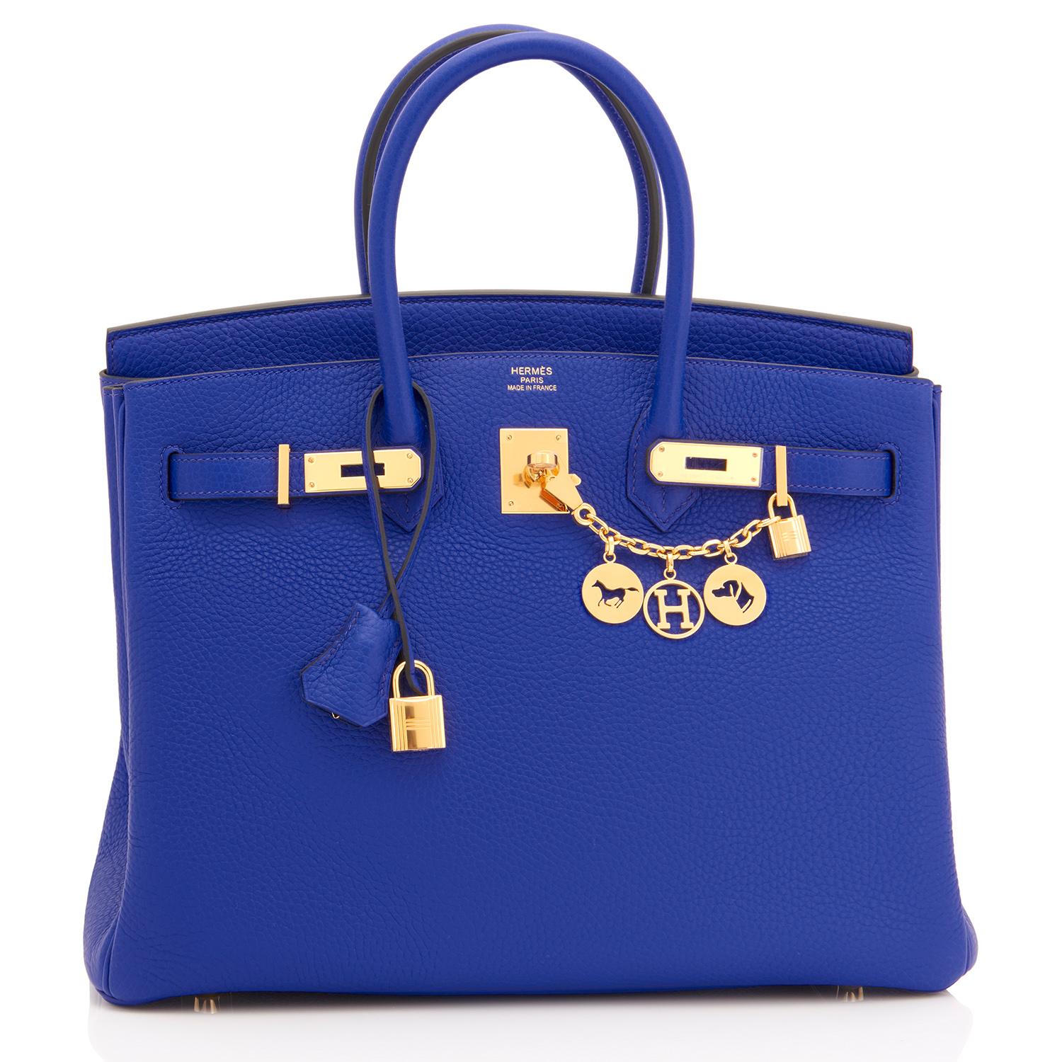 Hermes Blue Electric 35cm Birkin Gold Hardware Electrifying
Brand New in Box in Store Fresh, Pristine Condition (with plastic on hardware)
Perfect Gift! Comes full set with keys, lock, clochette, a sleeper for the bag, rain protector, and orange