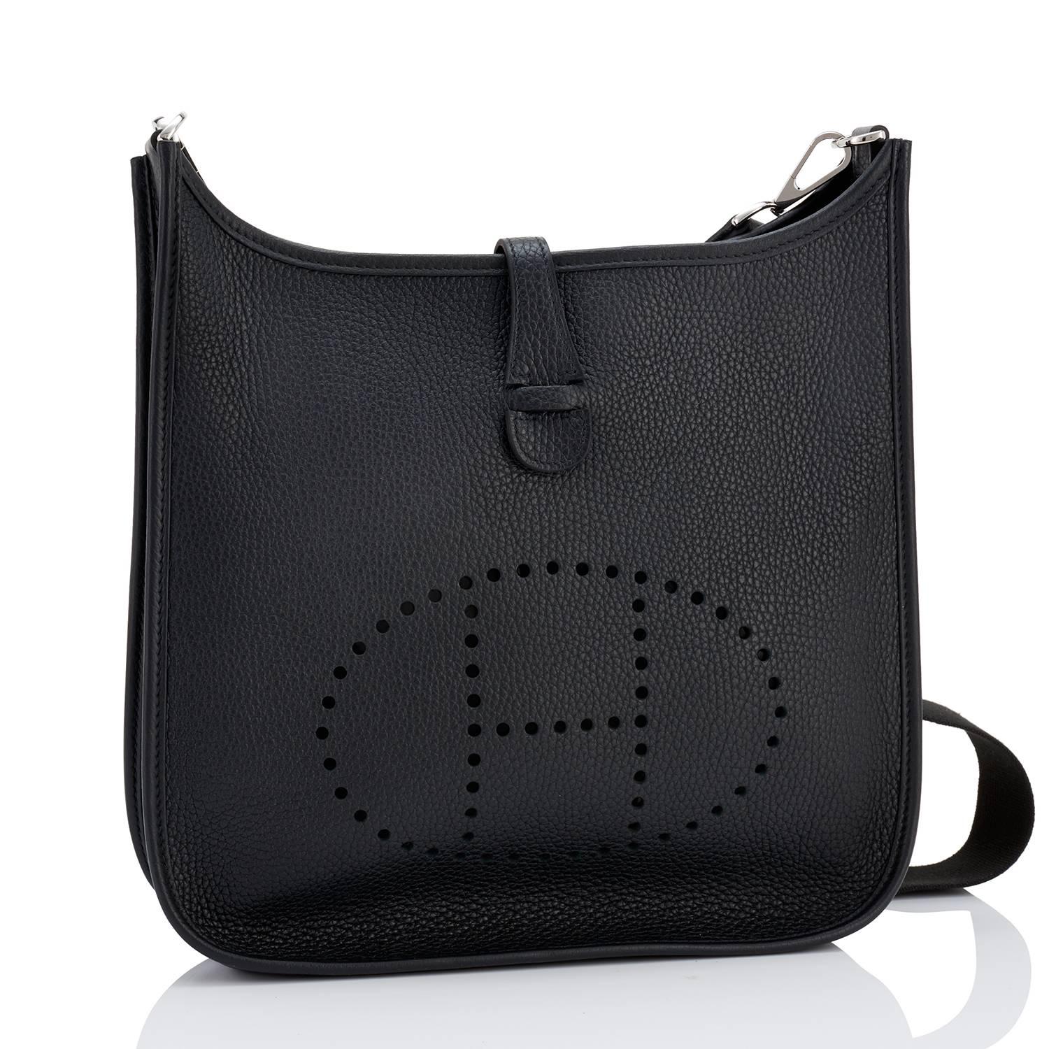 Hermes Black Evelyne PM Cross-Body Messenger Bag Chic
Brand New in Box. Pristine condition.
Store Fresh!  Brand New 2018 Production Evelyne bearing C stamp.
Perfect gift! Comes with with shoulder strap, sleeper for bag and signature orange Hermes
