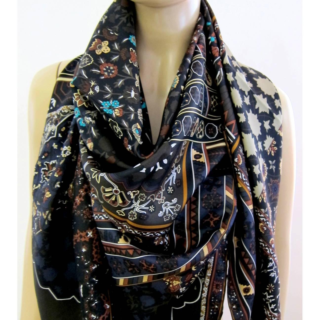 Hermes Tapis Persans Giant Silk GM Neutral Shawl 140cm Grail

Colors:  Black, Bronze, Khaki, Beige, Grey
Brand new in box.  Absolutely store fresh.  Never used with no issues or flaws. 
Comes brand new with signature Hermes box.  
Perfect gift