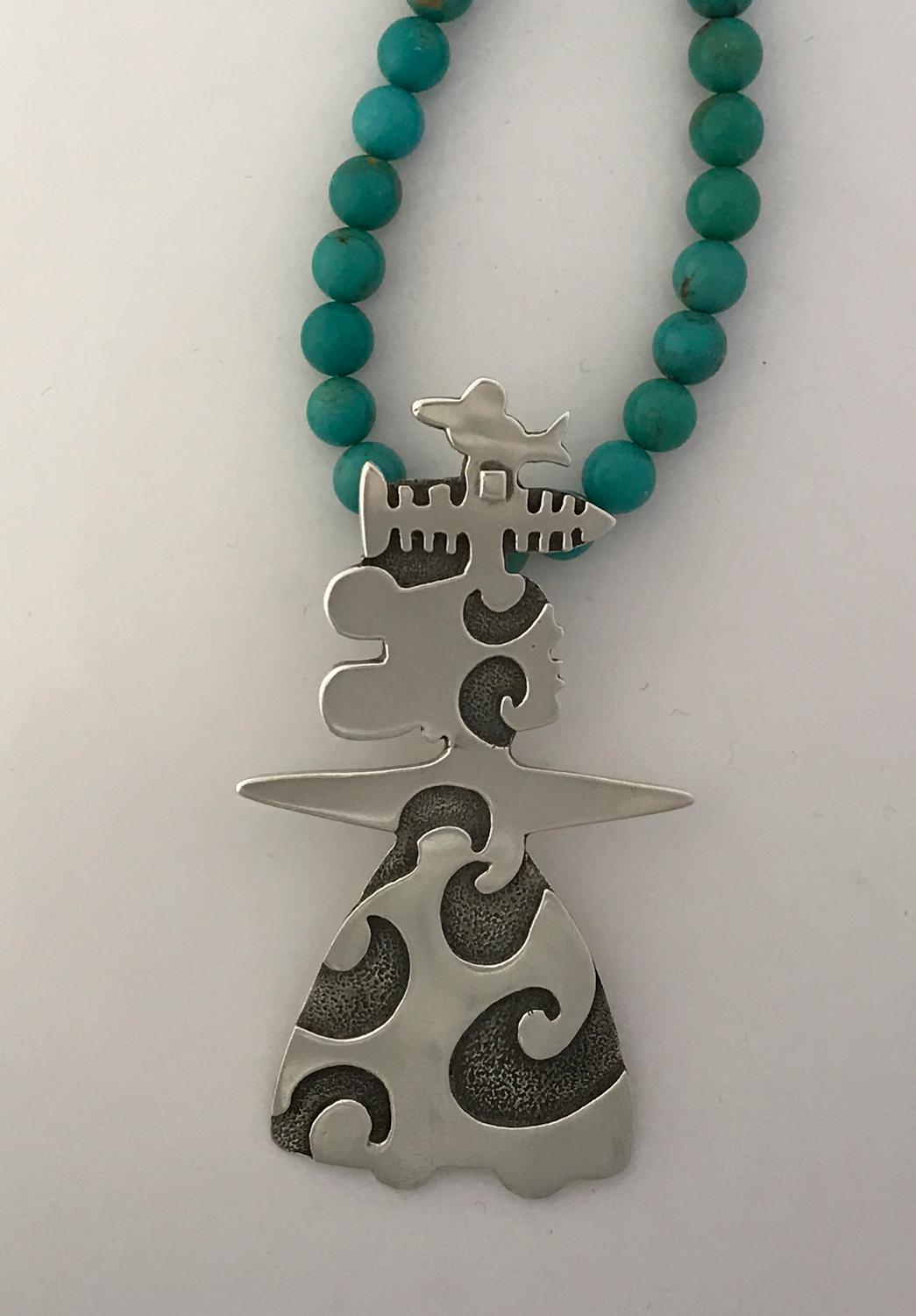 She Sings, pendant enhancer, Melanie Yazzie designs silver Navajo bird fish lady For Sale 1