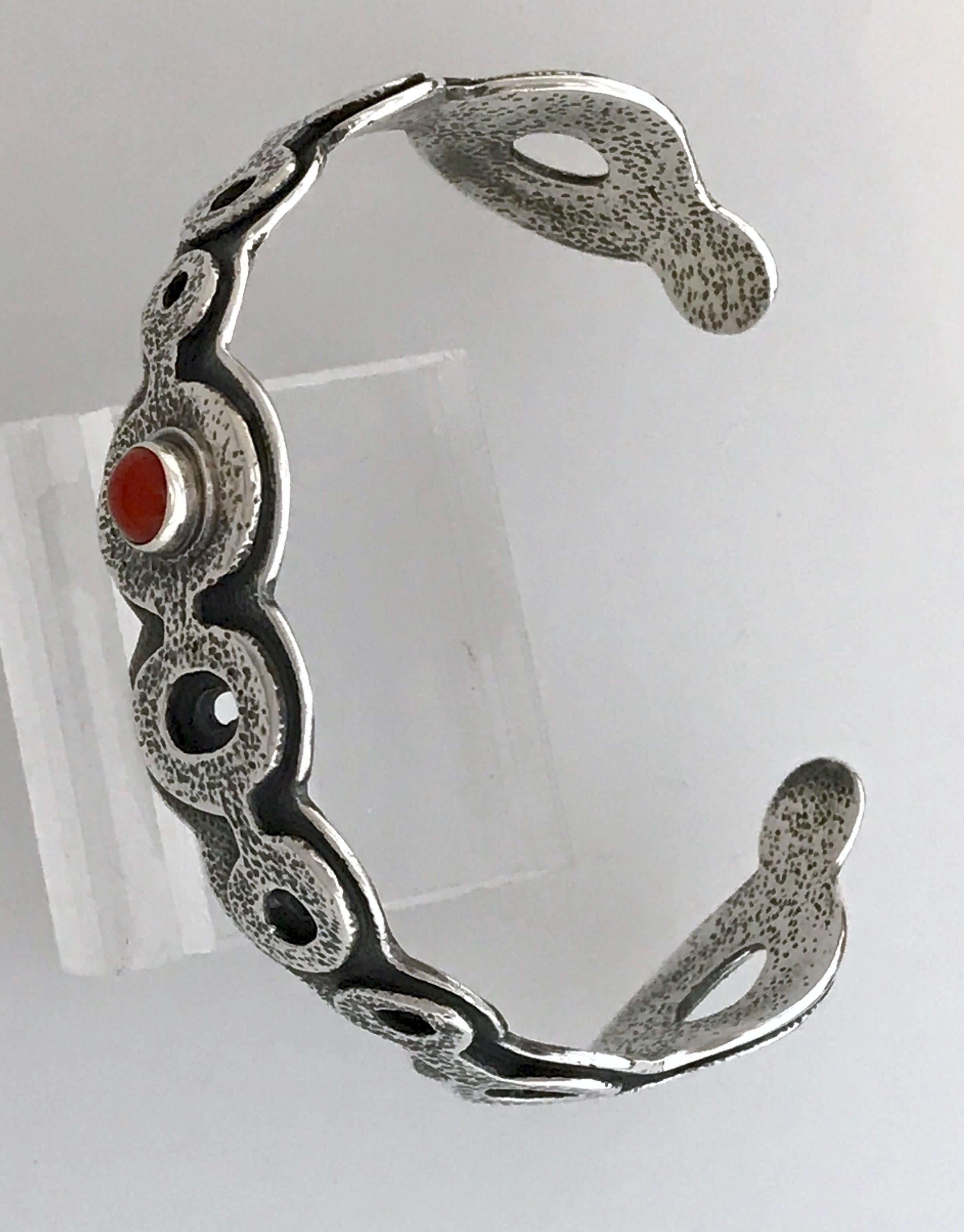 Round Cut Spirit Pond bracelet Italian Red Coral Melanie Yazzie silver bangle Navajo For Sale