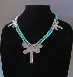 Collana Dragonfly, argento fuso, turchese Kingman, perline, Navajo, design d'artista