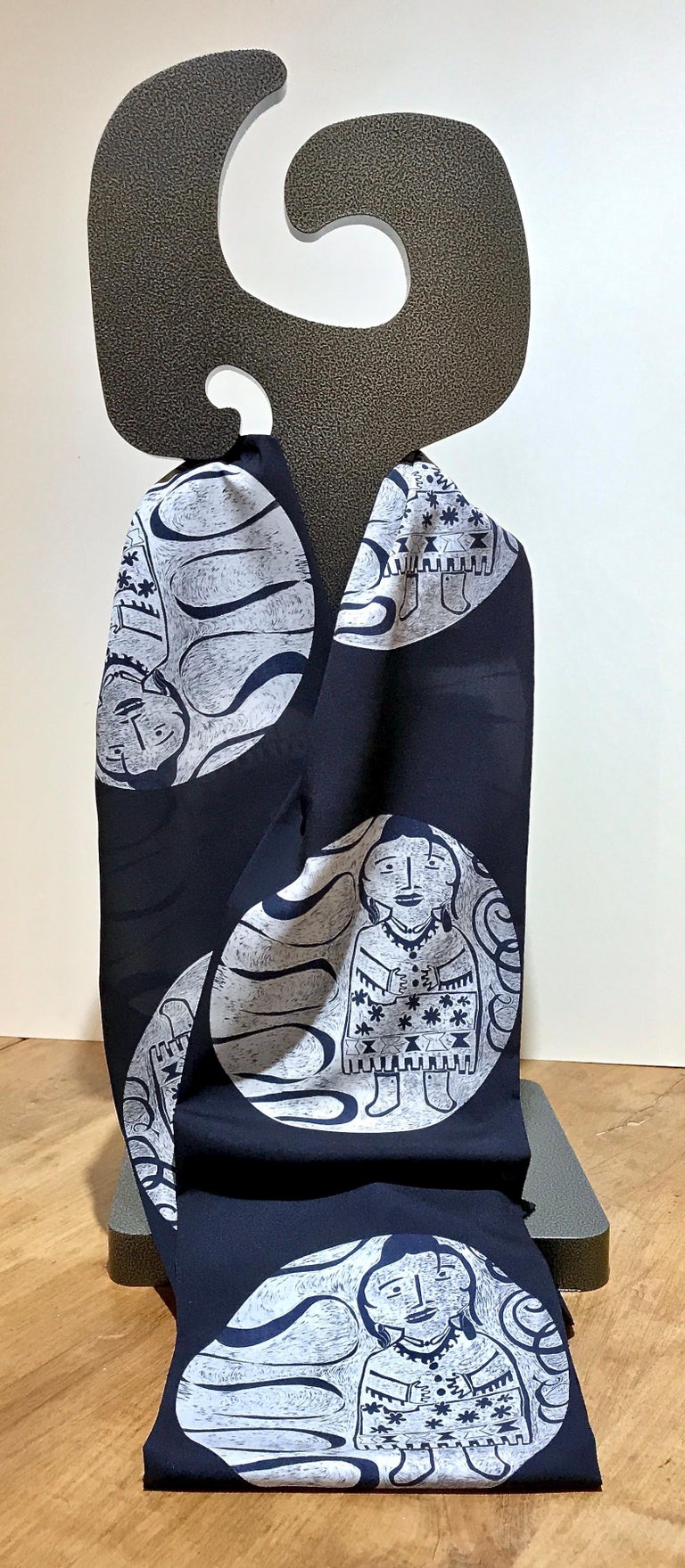 She is Unique, Melanie Yazzie navy poly crepe de chine scarf Navajo  In New Condition For Sale In Santa Fe, NM