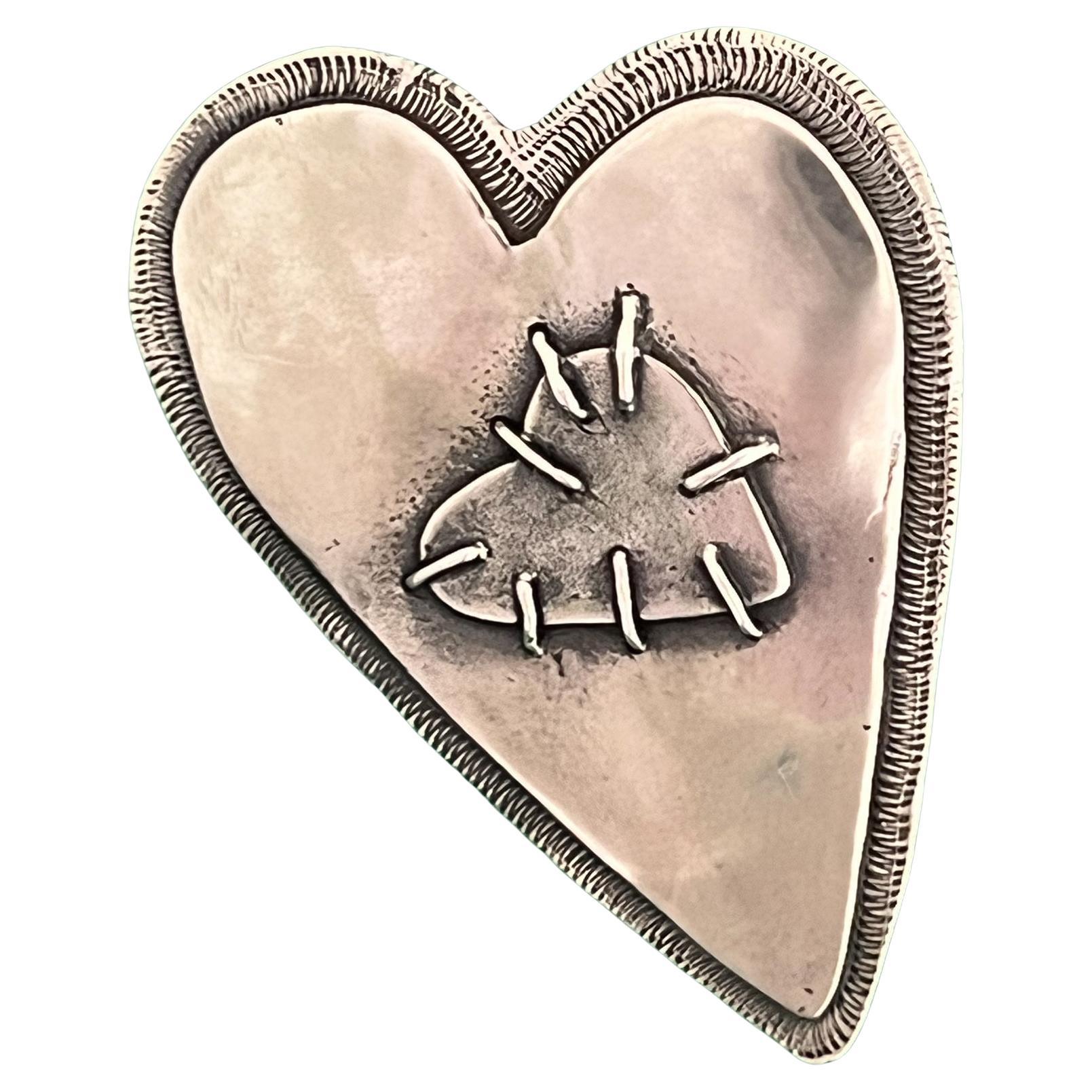 Two Hearts, by Kerry Green, sterling silver, pin, pendant, cast, layered, stitch For Sale