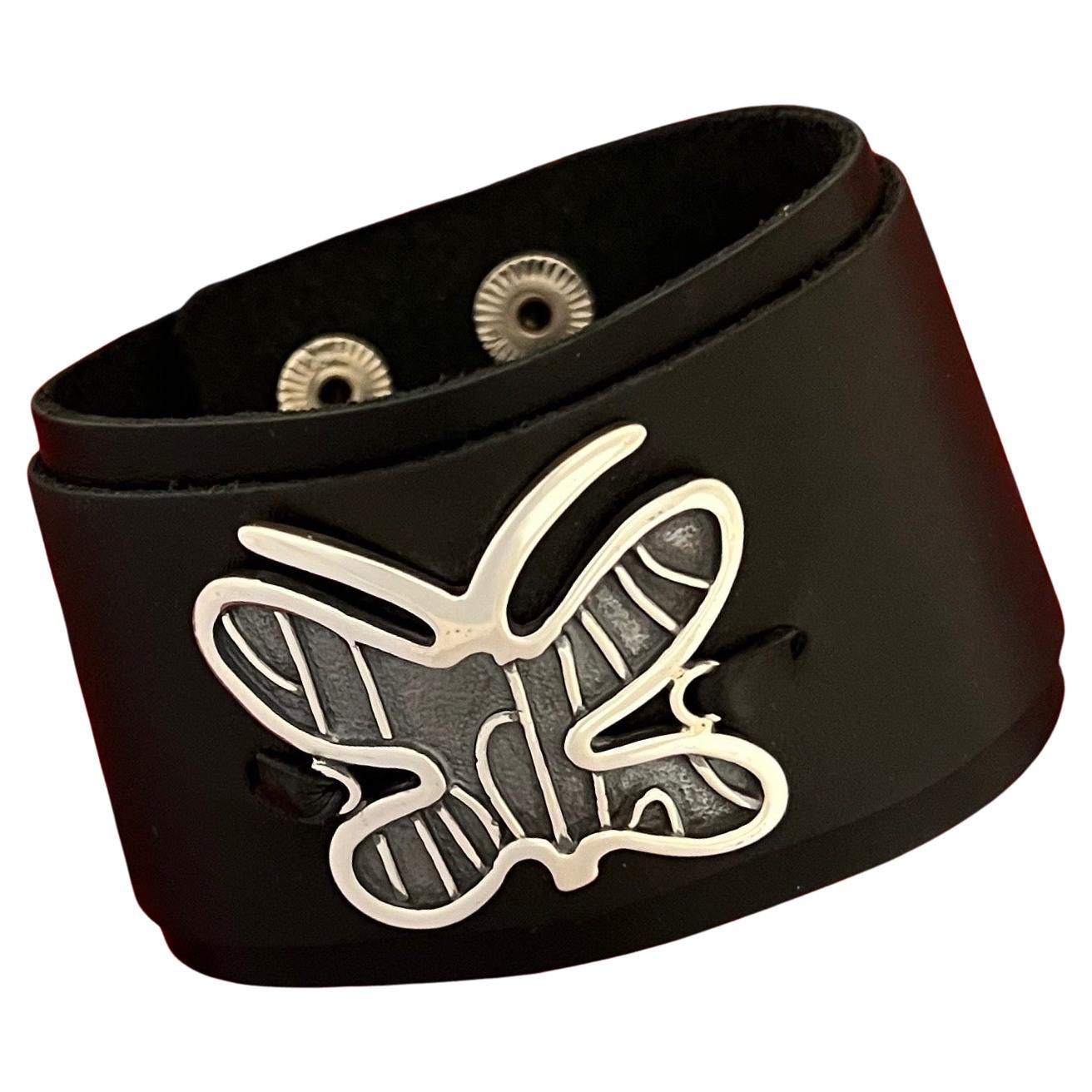 Adjustable Butterfly leather cuff by Melanie Yazzie black silver For Sale