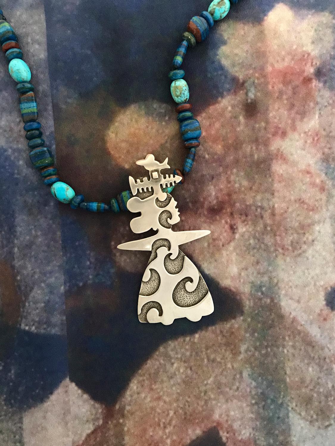 Women's or Men's She Sings, pendant enhancer, Melanie Yazzie designs silver Navajo bird fish lady For Sale